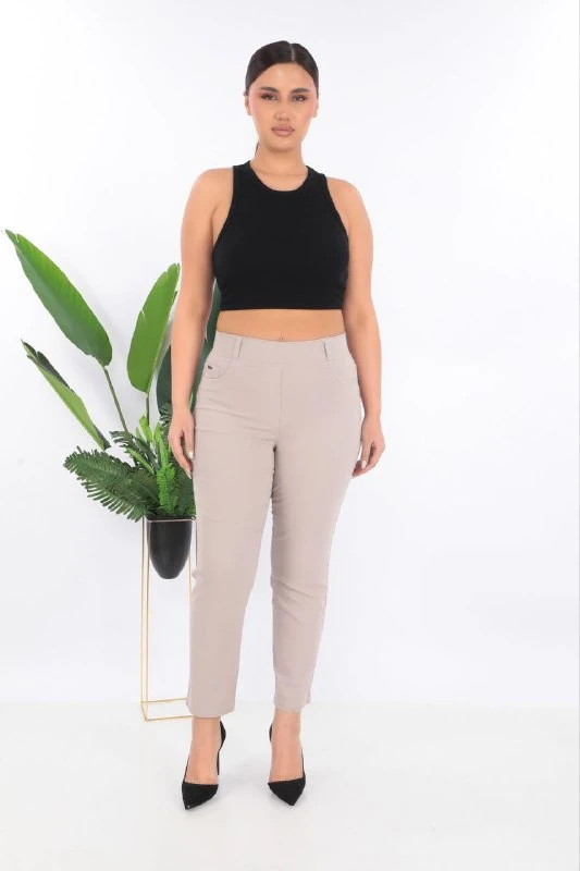 BÜYÜK BEDEN YÜKSEK BEL PAMUKLU PANTOLON - BEJ