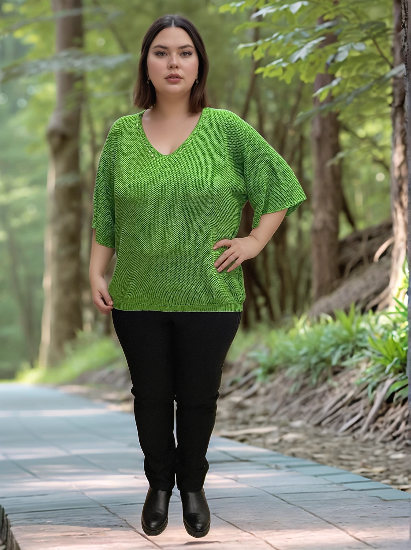 V Yaka Petek Örgü Merserize Bluz - YEŞİL