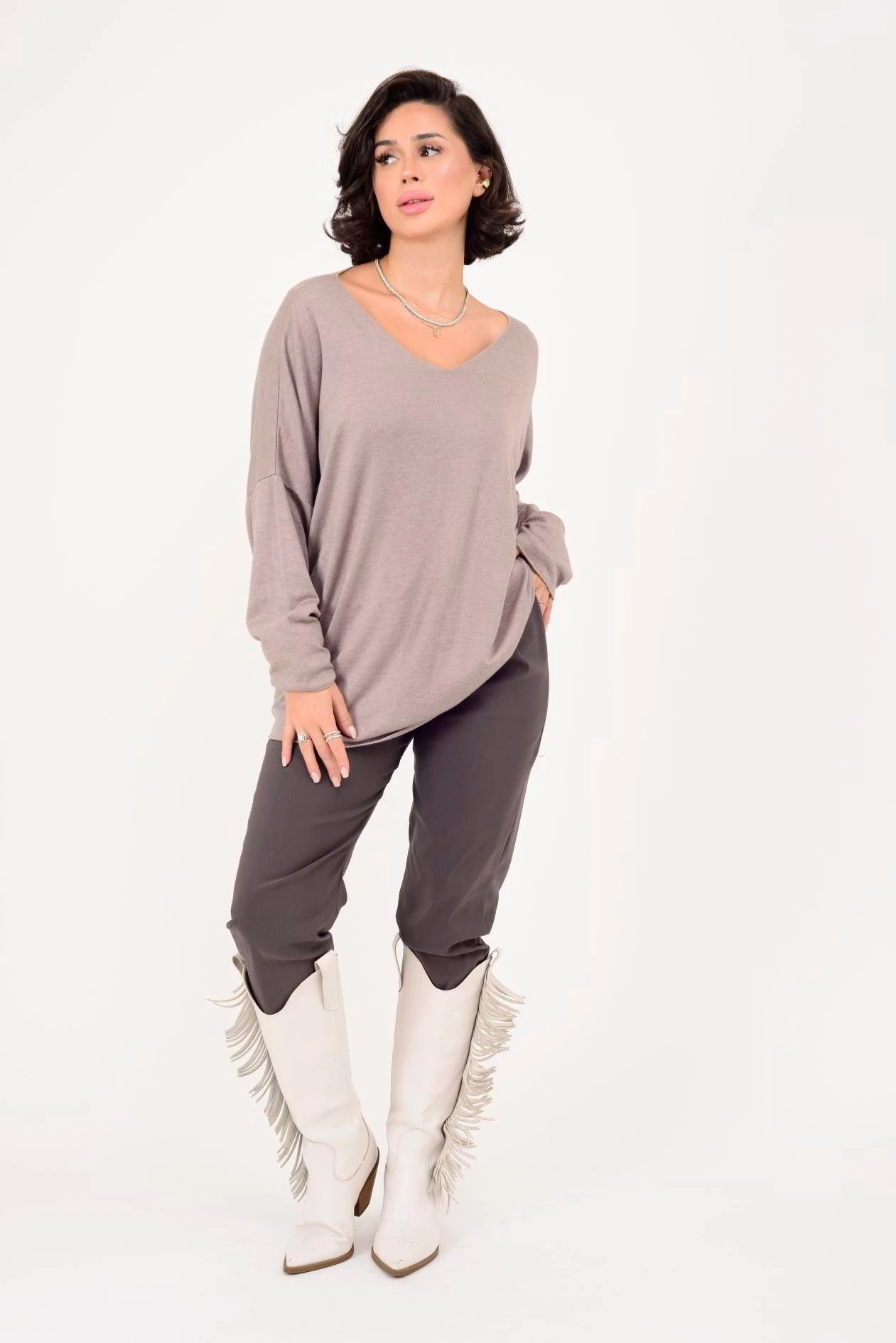 V YAKA ANGORA TRİKO - BEJ