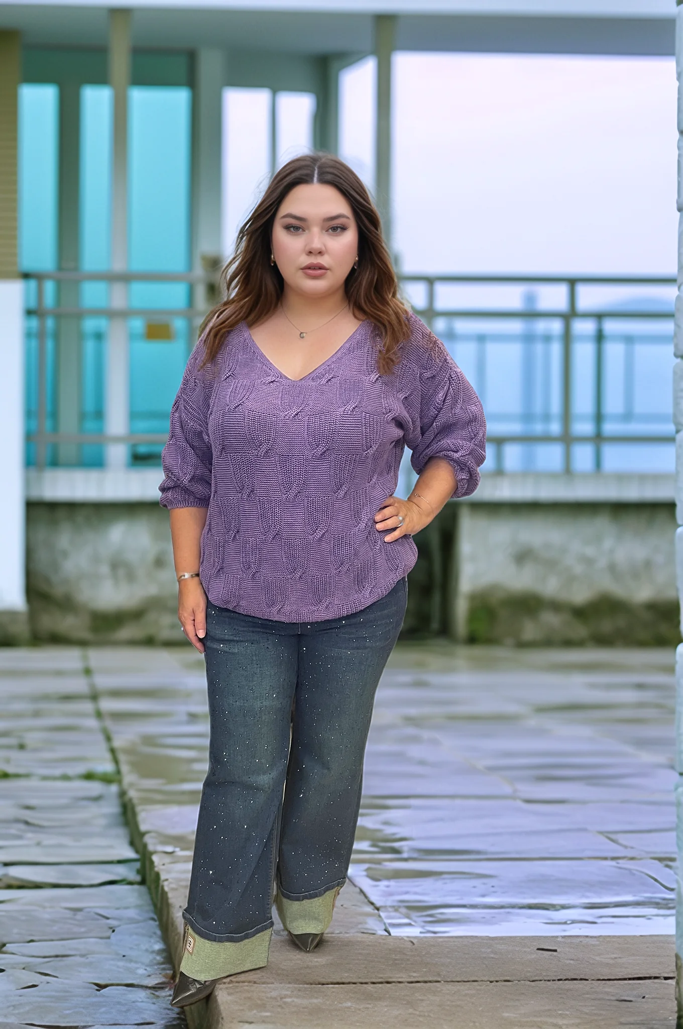 V YAKA MERSERİZE BLUZ - MOR