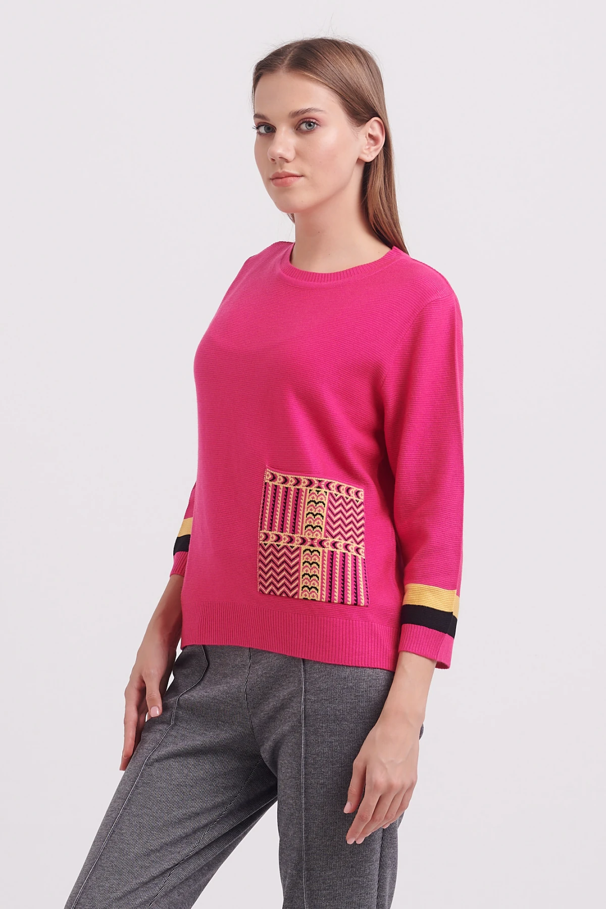 On Renkli Cep Detaylı Triko Kazak Fuşya
