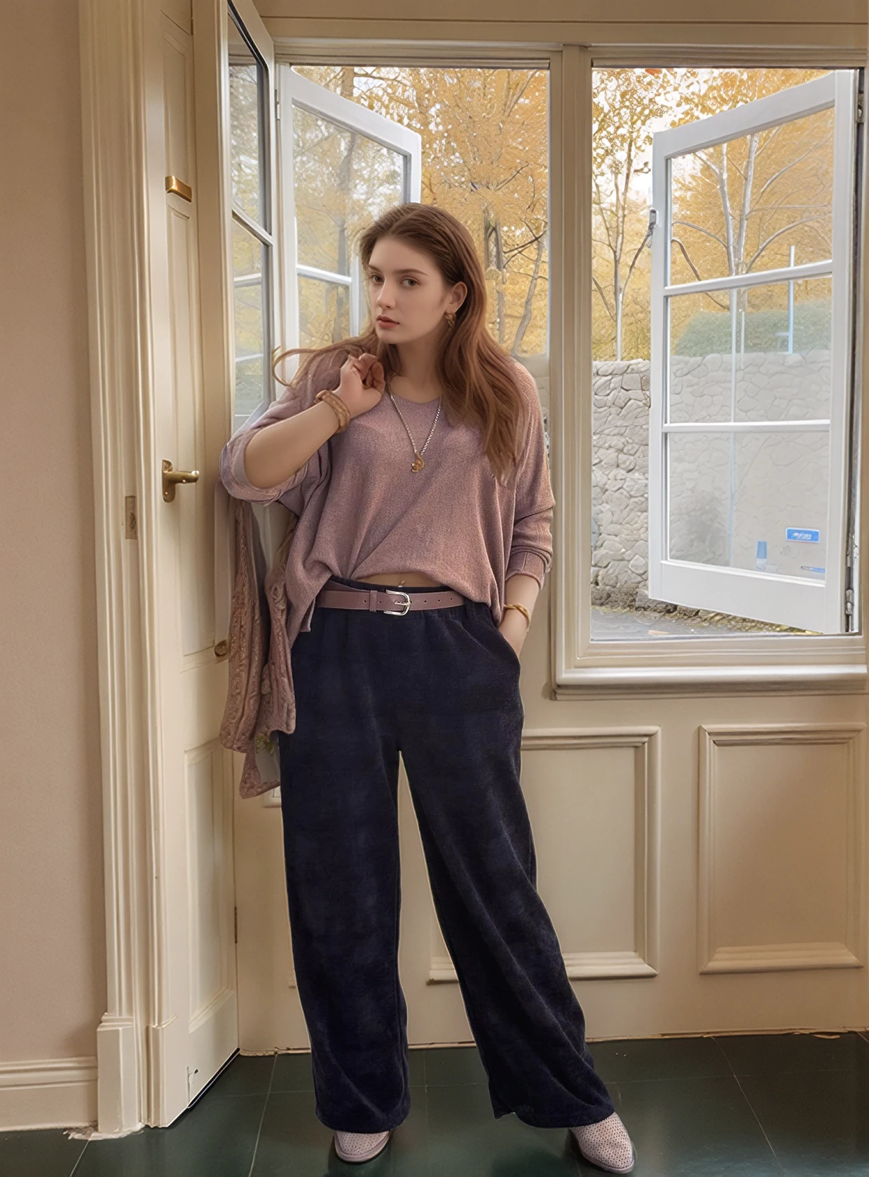 Bol Paça Deri Kemerli Fitilli Kadife Pantolon  - SİYAH