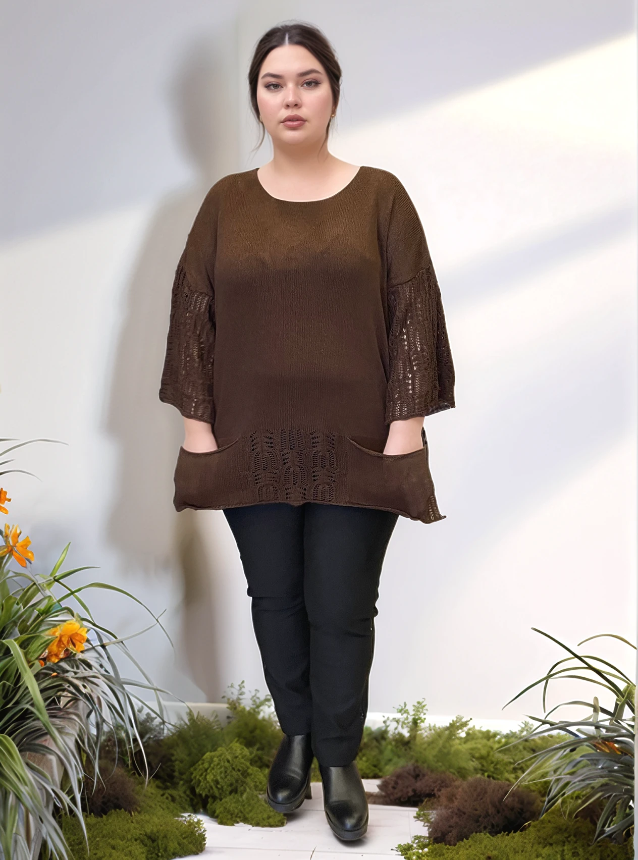 Kol Ve Eteği Ajurlu Cepli Merserize Bluz - KAHVE