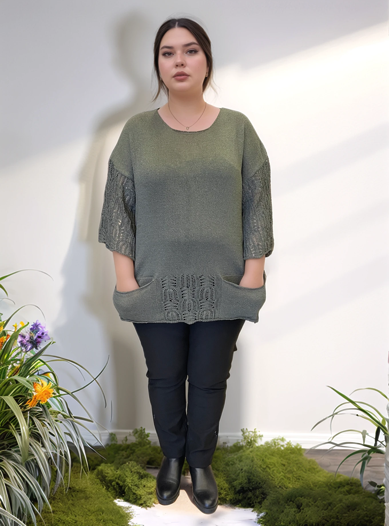 Kol Ve Eteği Ajurlu Cepli Merserize Bluz - HAKİ