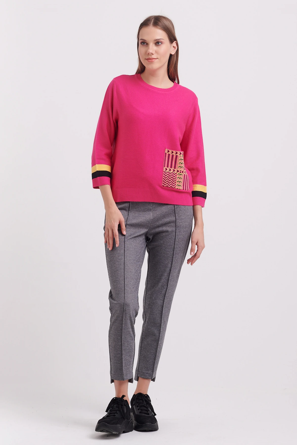 On Renkli Cep Detaylı Triko Kazak Fuşya