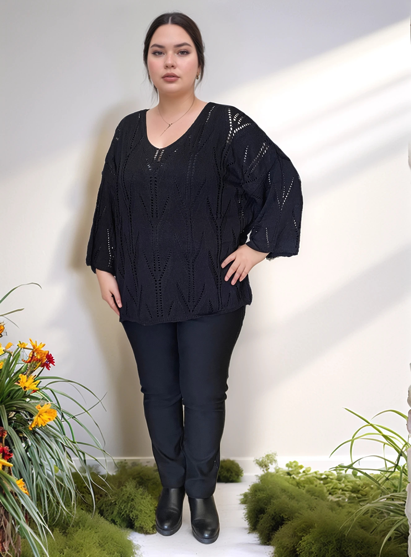 V YAKA AJURLU DESENLİ İTALYAN MERSERİZE BLUZ KAZAK