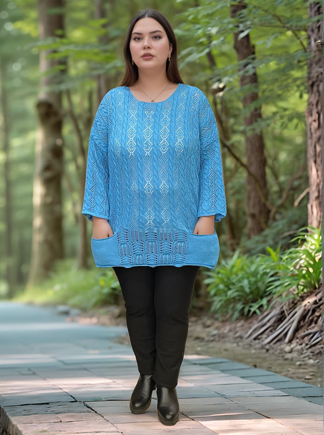 Kadın Merserize Delikli Triko Bluz Cepli Salaş - MAVİ