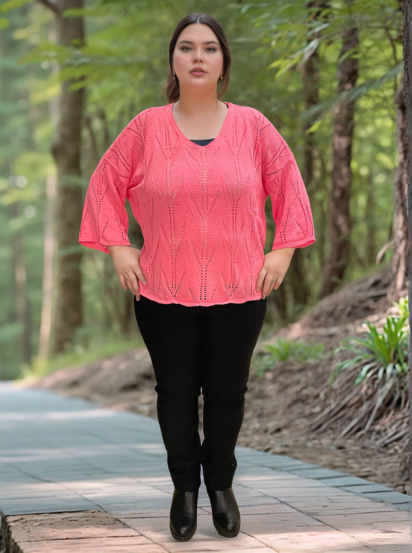 V YAKA AJURLU DESENLİ İTALYAN MERSERİZE BLUZ KAZAK - PEMBE