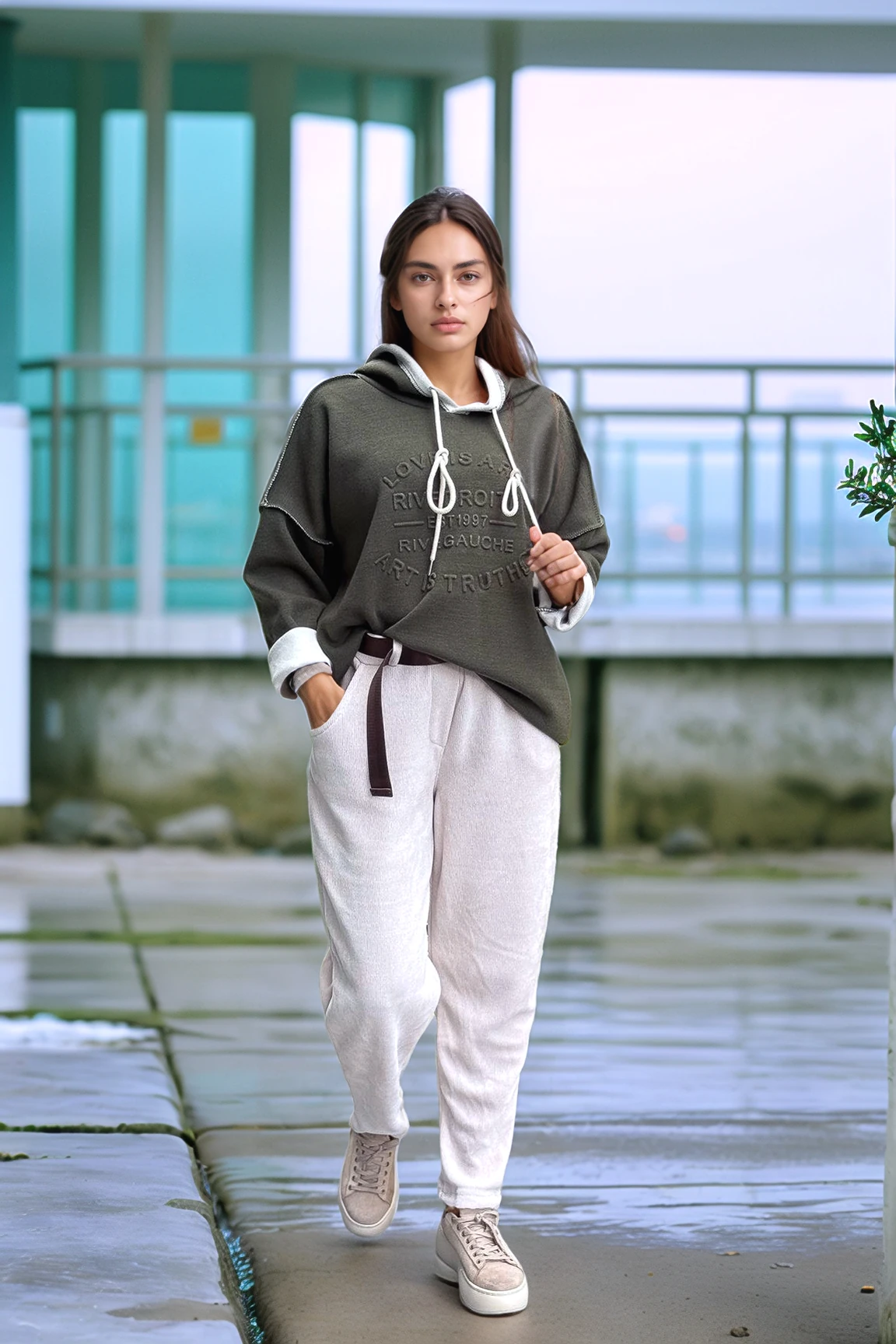 Kabartma Yazı Detaylı Çelik Örgü Kapüşonlu Sweat  - HAKİ