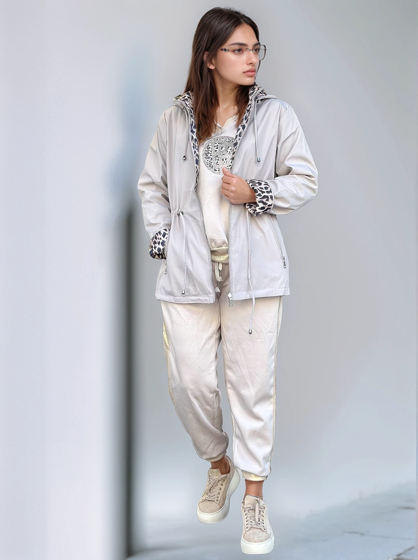 Çift Taraflı Kullanılan Leopar Desenli Trenç Ceket - BEJ