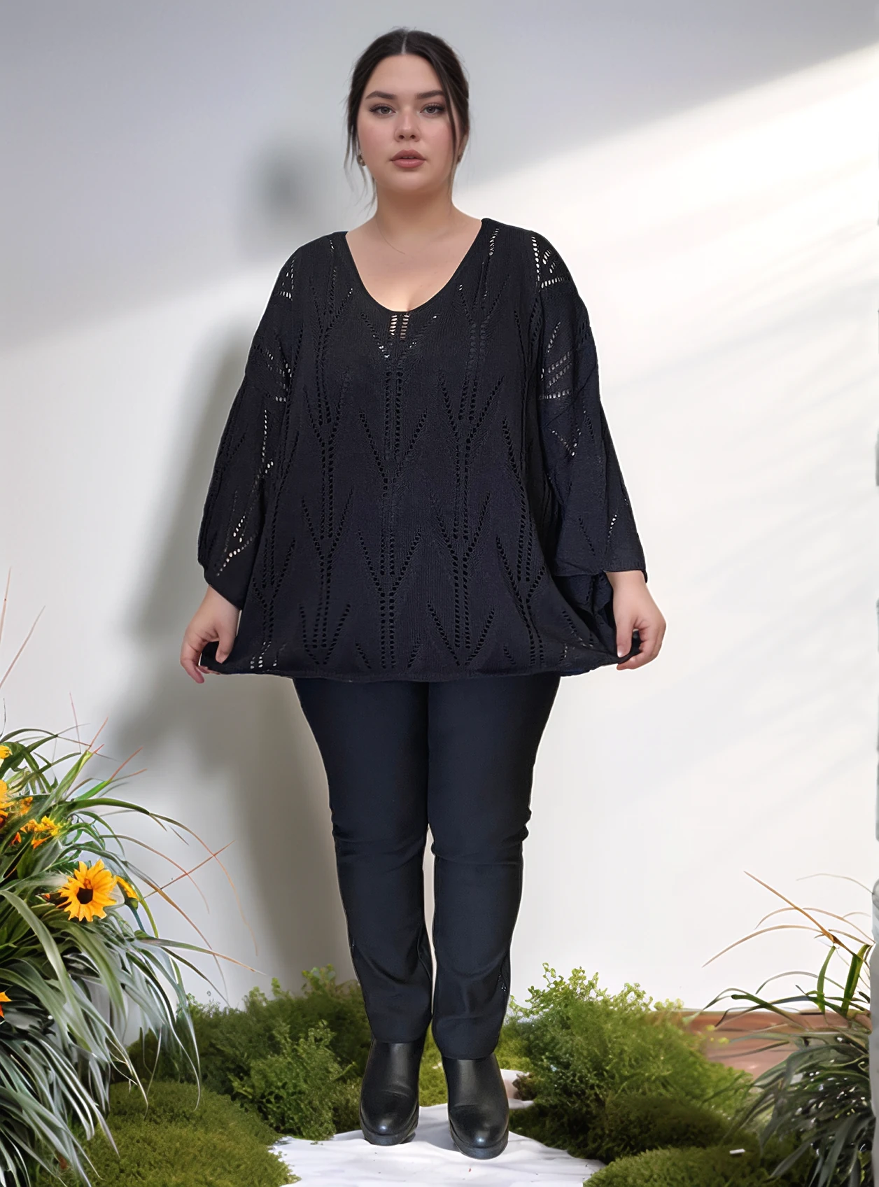 V YAKA AJURLU DESENLİ İTALYAN MERSERİZE BLUZ KAZAK - SİYAH