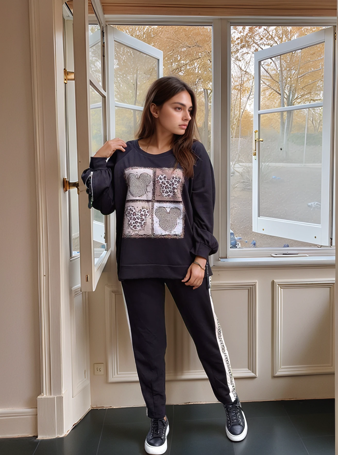 Leopar Şeritli Modal Kumaş Havuç Paça Pantolon - SİYAH