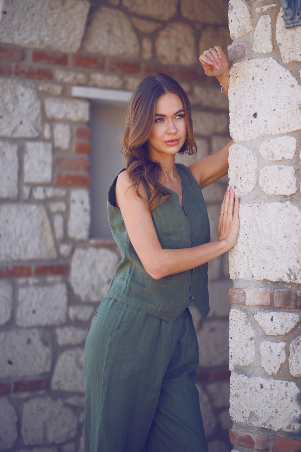 %100 NATURAL Keten Lastik Paçalı Yoga Pantolon - HAKİ