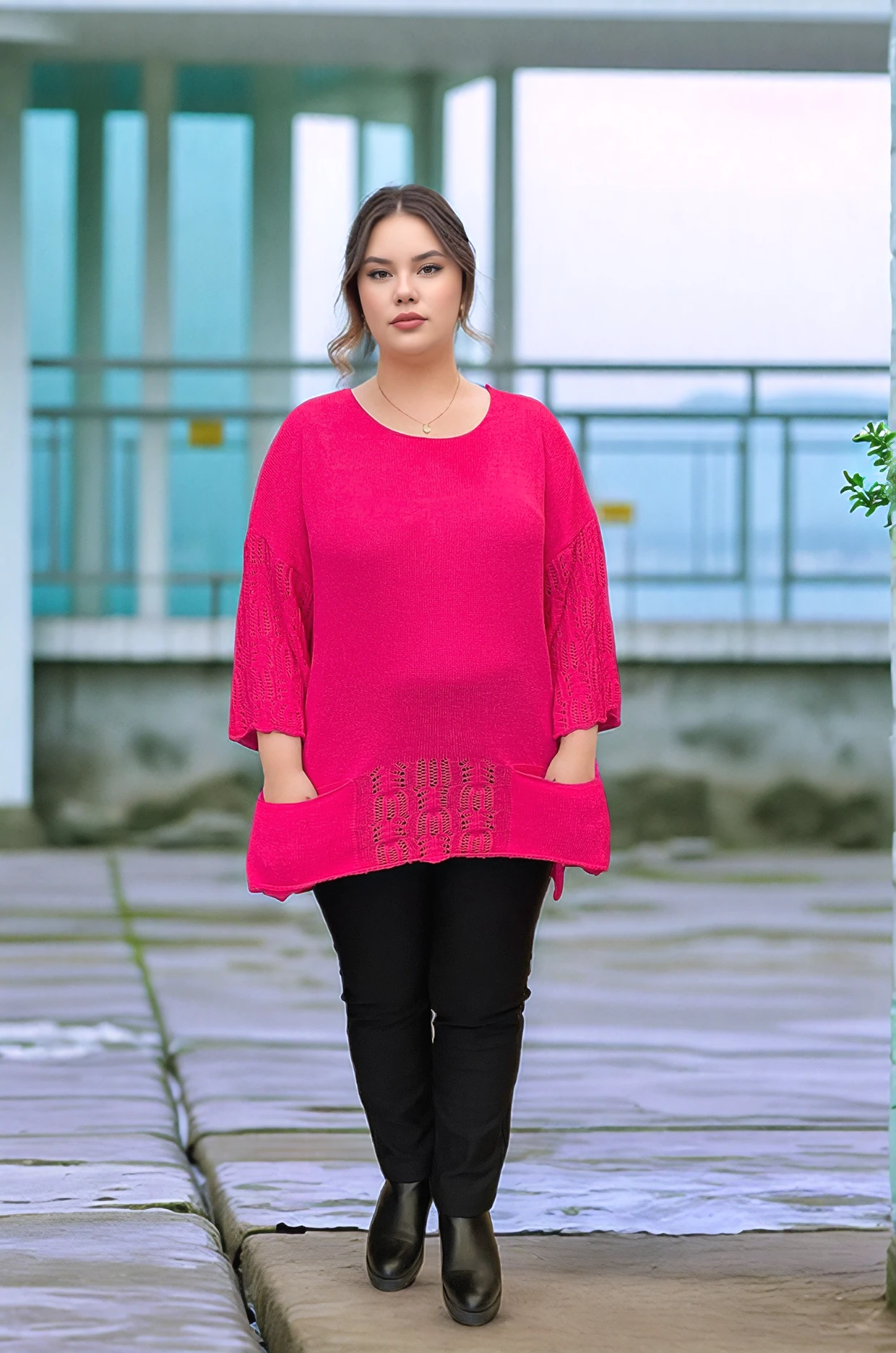 Kol Ve Eteği Ajurlu Cepli Merserize Bluz