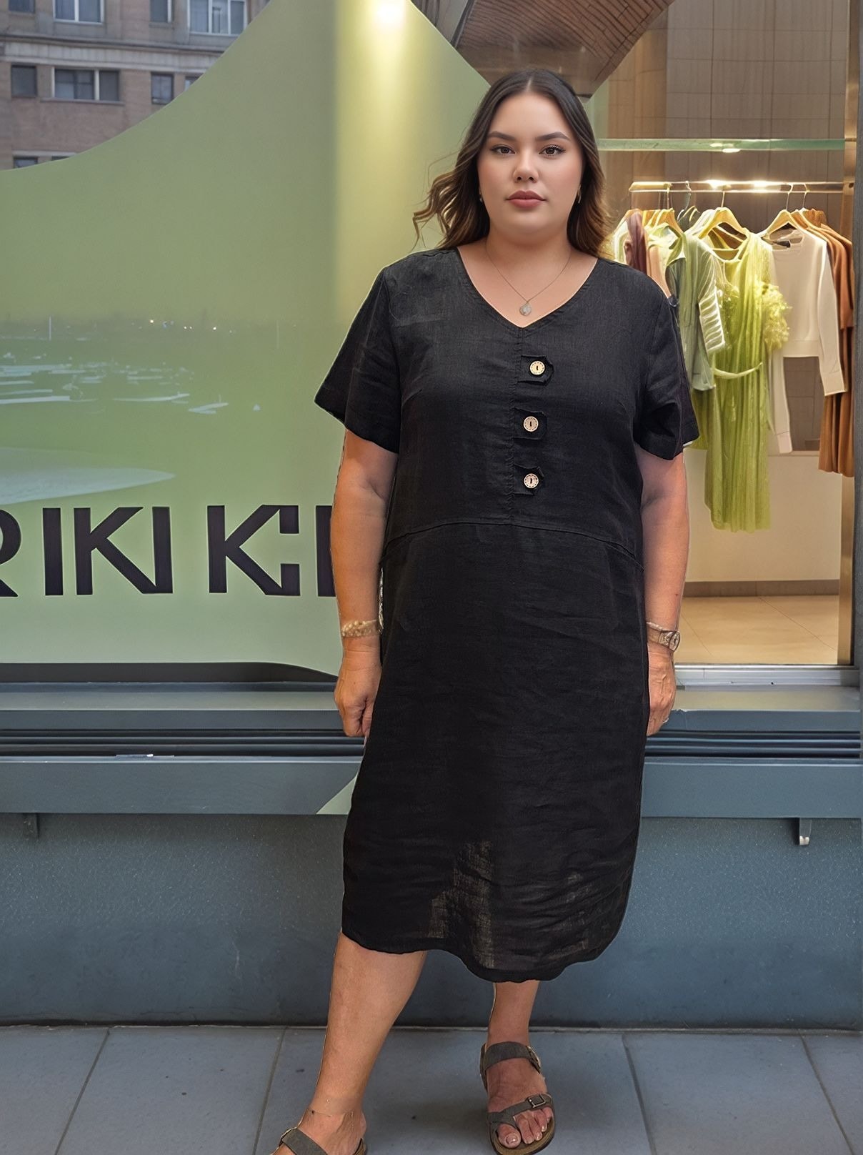 PREMIUM %100 KETEN DÜĞME DETAYLI ELBİSE - SİYAH