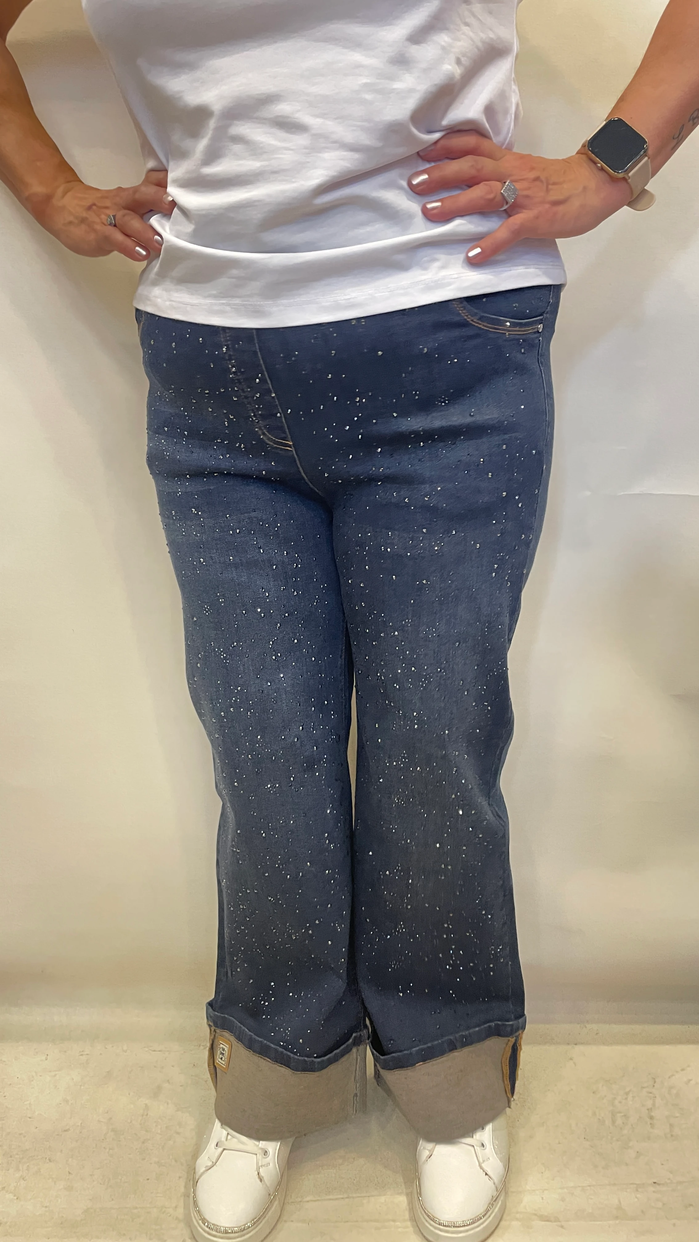 BÜYÜK BEDEN BOL PAÇA TAŞLI PAÇA DETAYLI PANTOLON - MAVİ