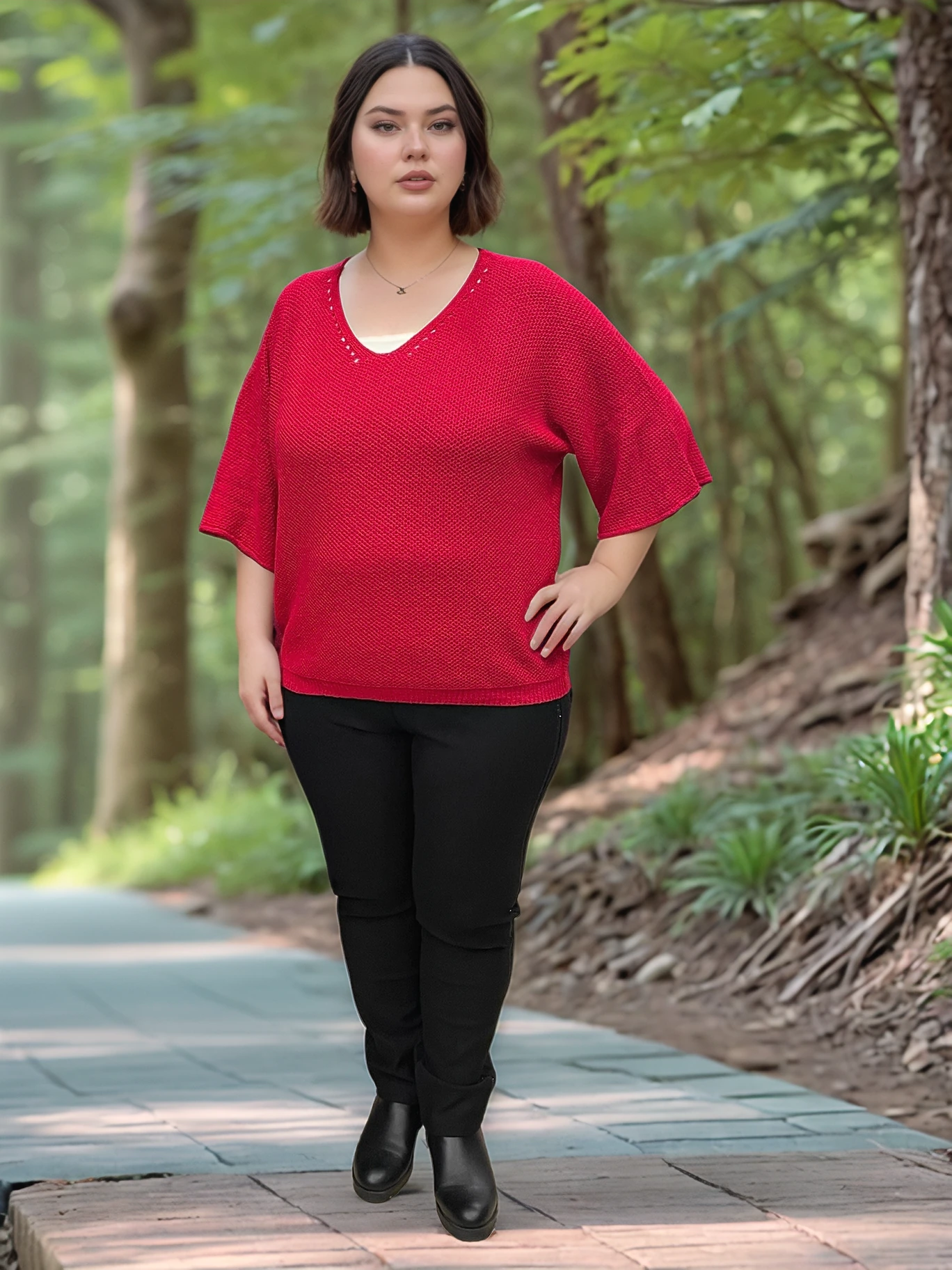 V Yaka Petek Örgü Merserize Bluz - KIRMIZI