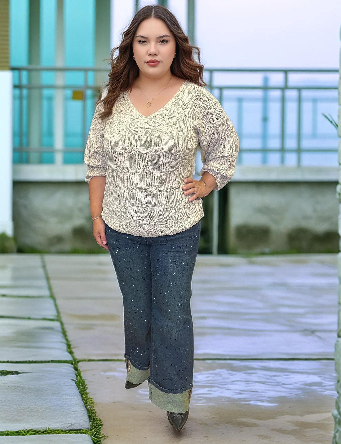 V YAKA MERSERİZE BLUZ - CAMEL