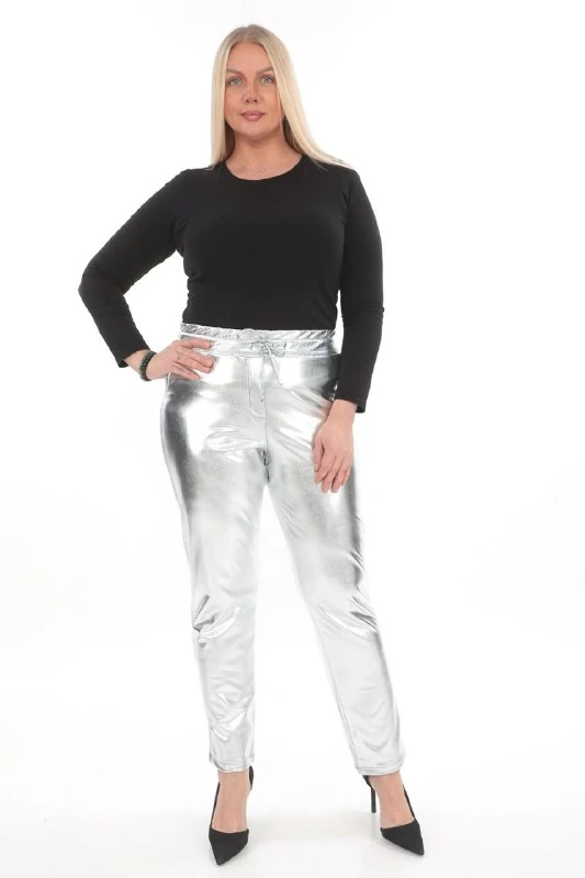 Büyük Beden Leopar Desenli Yüksek Bel Pantolon - GRİ