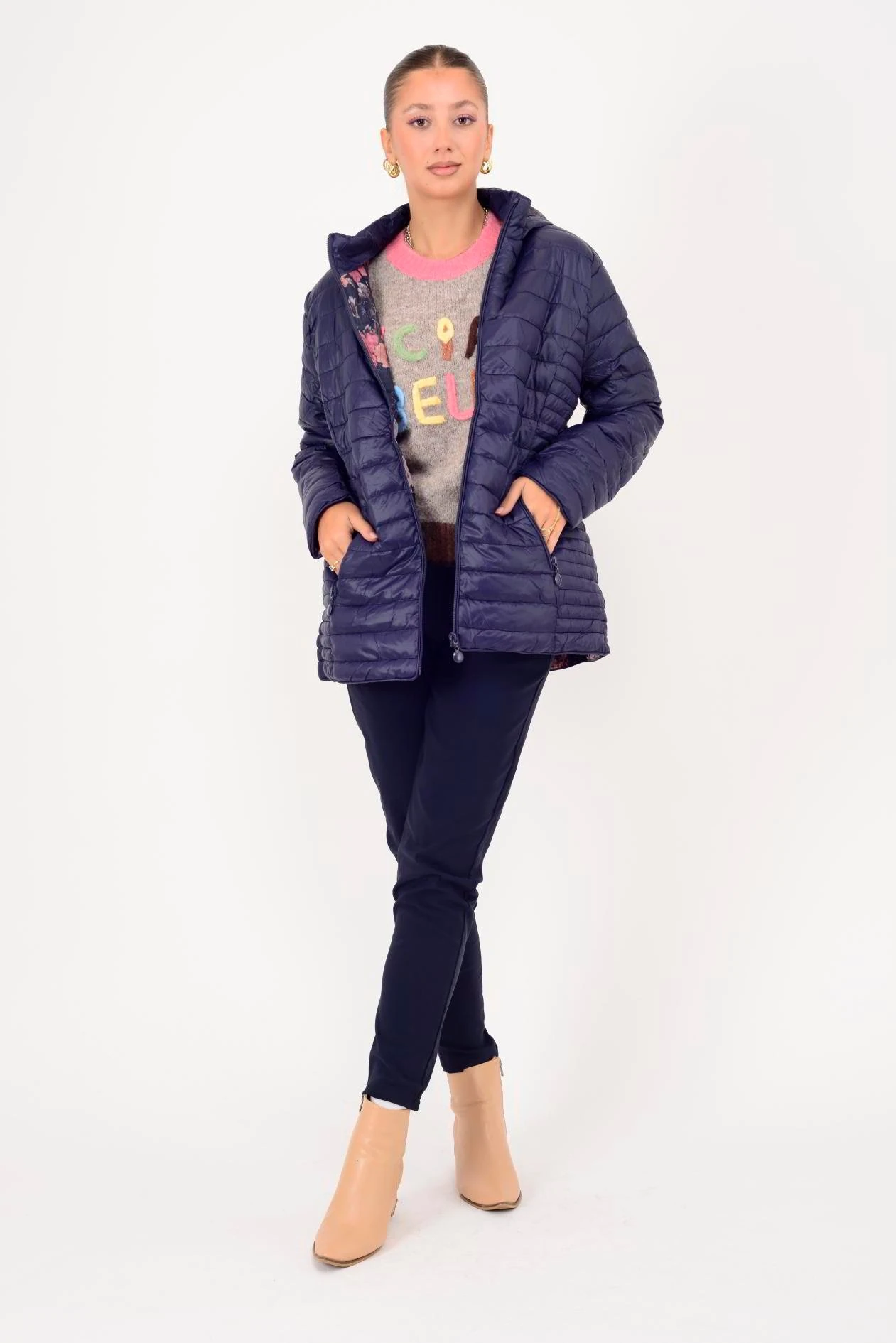 ASTARI ÇİÇEK DESENLİ KAPİTONE MONT - LACİVERT