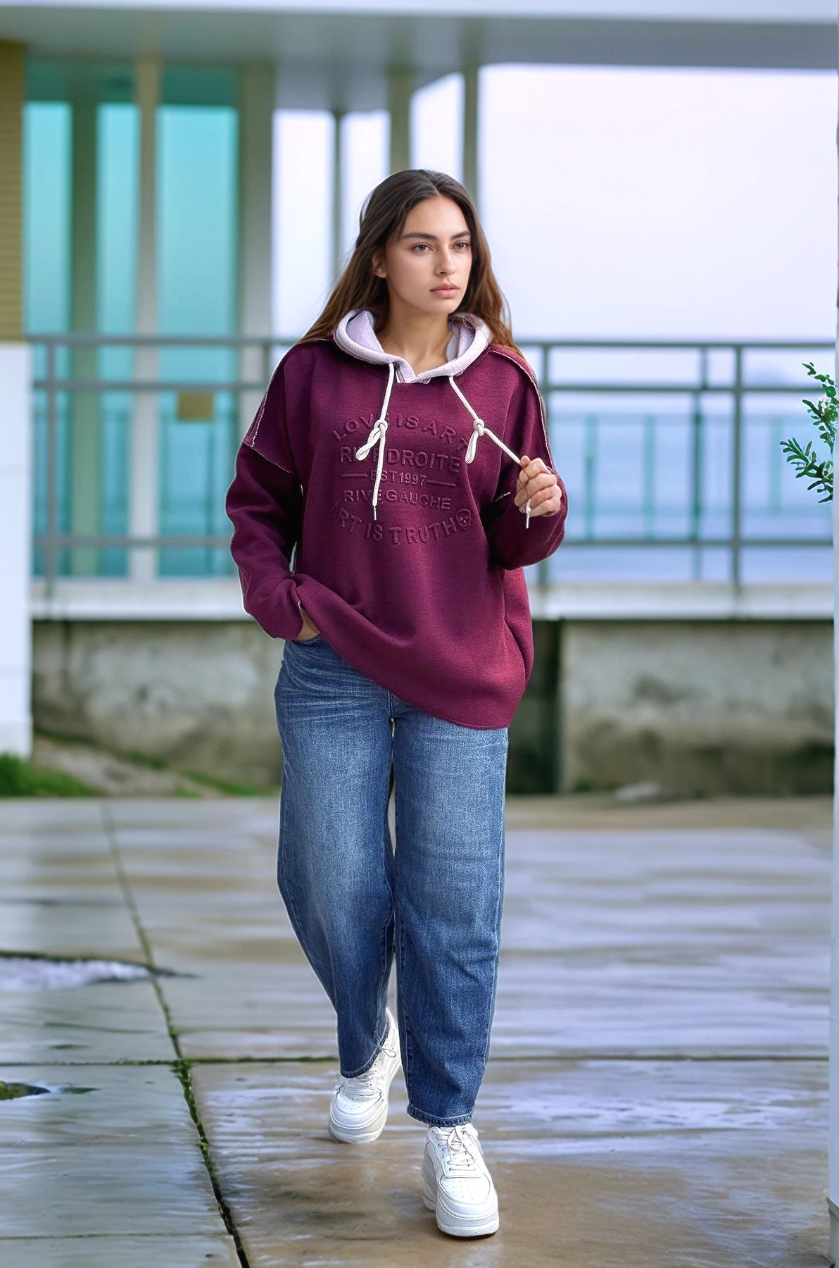 Kabartma Yazı Detaylı Çelik Örgü Kapüşonlu Sweat  - BORDO