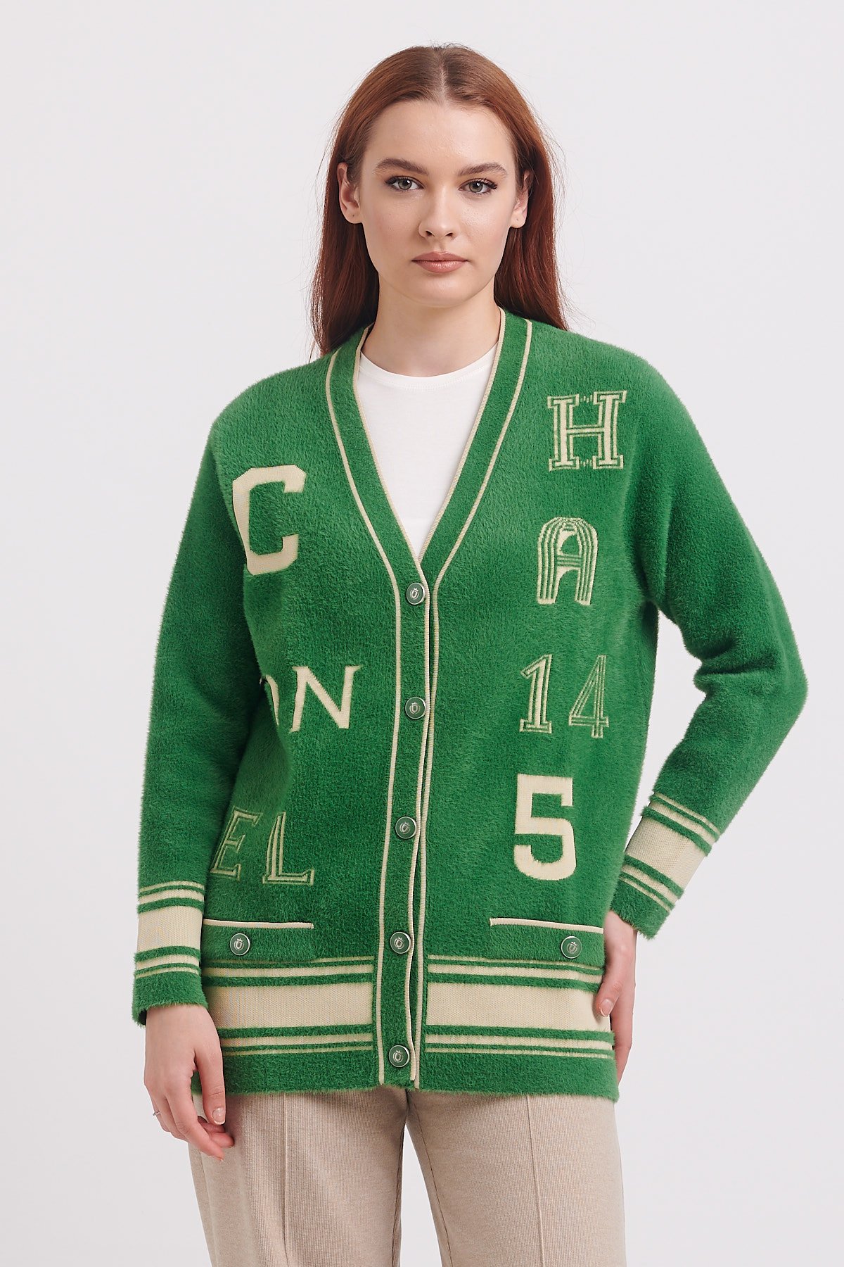 On Desenli Kalın Triko Hırka Yeşil