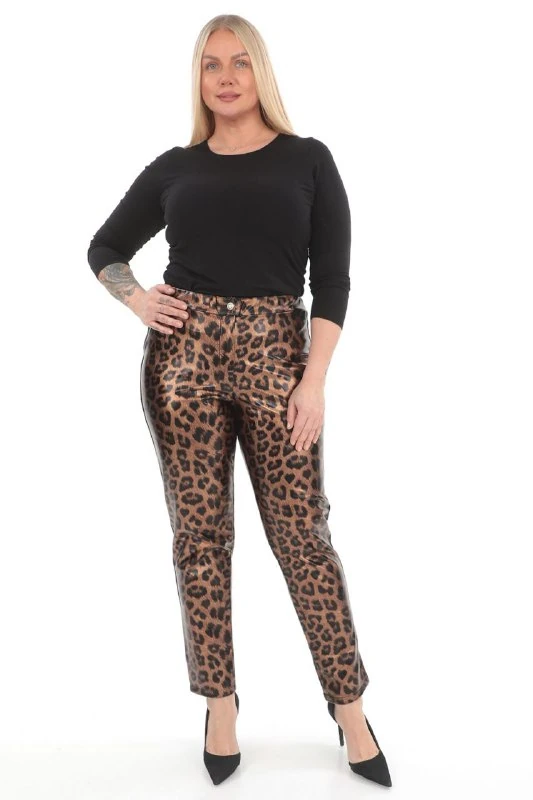 Büyük Beden Leopar Desenli Yüksek Bel Pantolon - KAHVE LEOPAR
