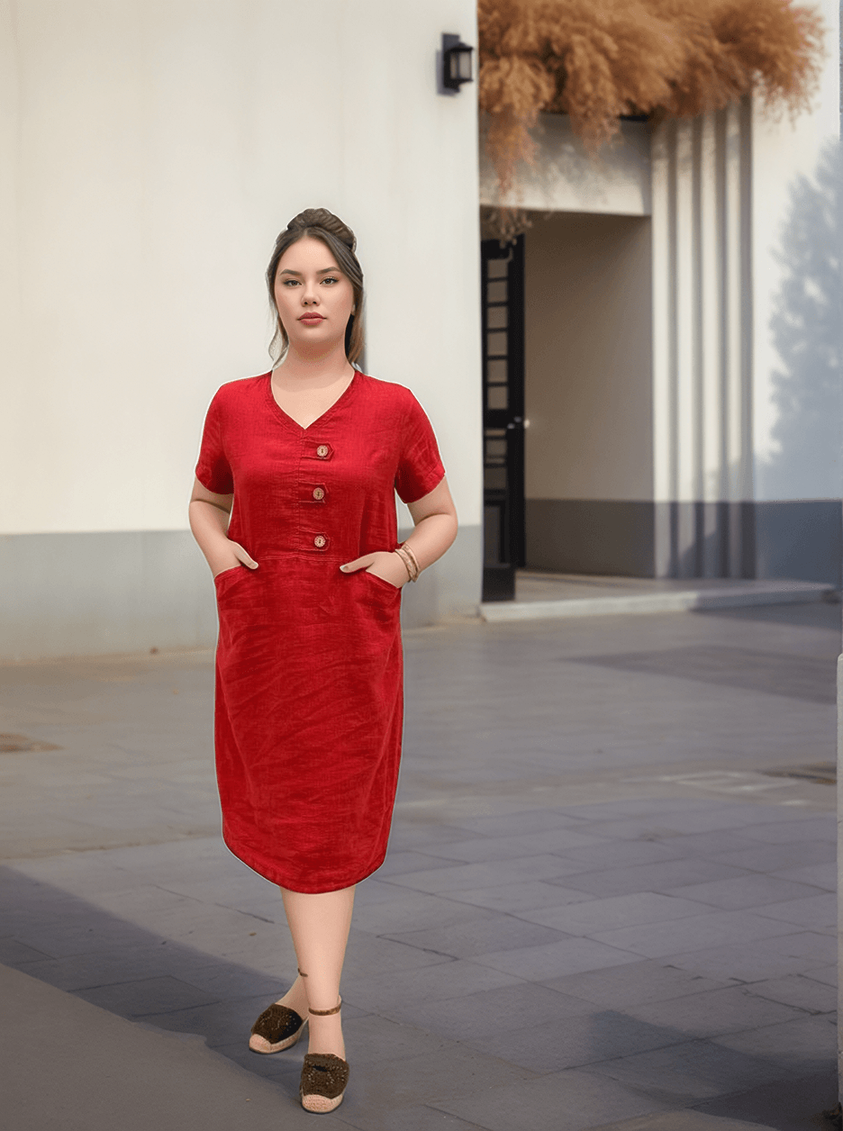 PREMIUM %100 KETEN DÜĞME DETAYLI ELBİSE - MERCAN