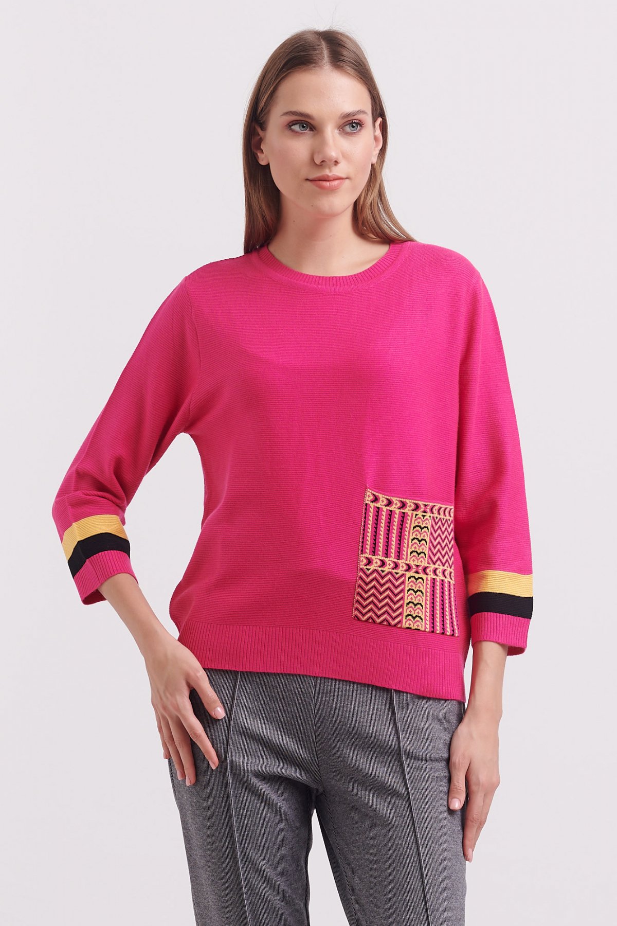 On Renkli Cep Detaylı Triko Kazak Fuşya