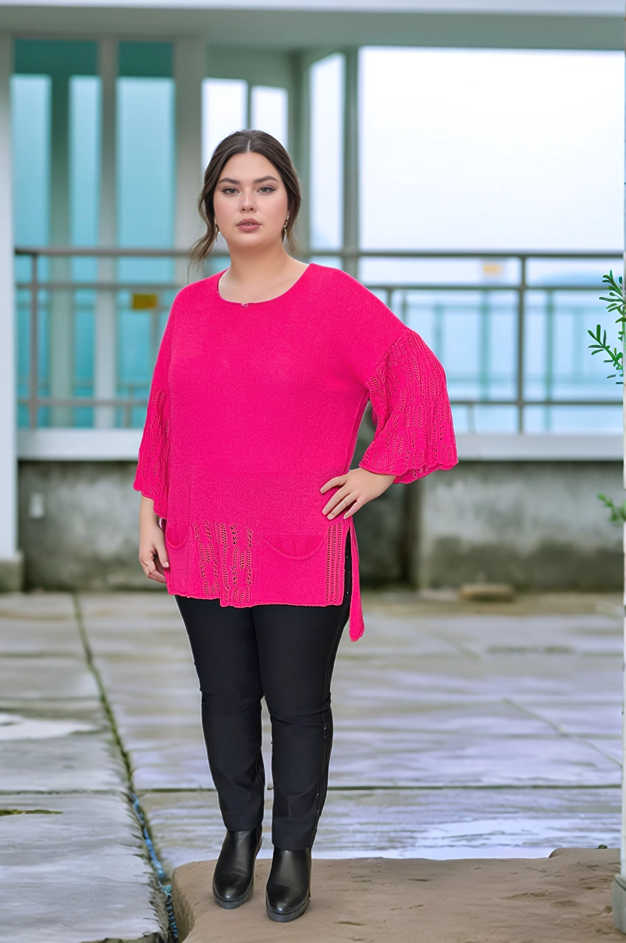 Kol Ve Eteği Ajurlu Cepli Merserize Bluz