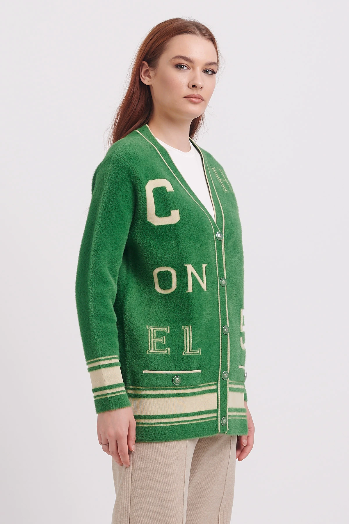 On Desenli Kalın Triko Hırka Yeşil