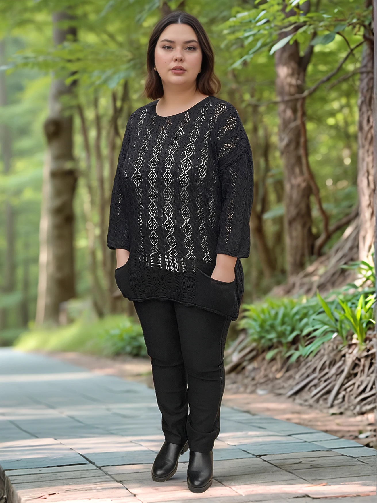 Kadın Merserize Delikli Triko Bluz Cepli Salaş - SİYAH