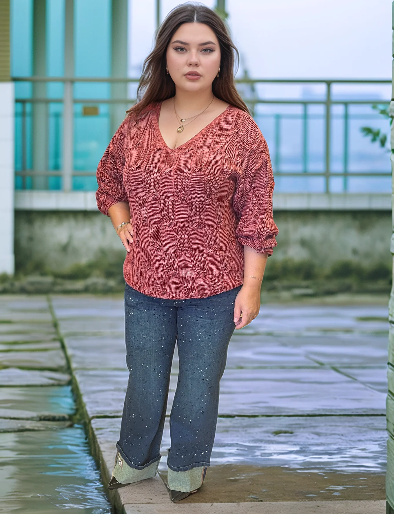 V YAKA MERSERİZE BLUZ - GÜL KURUSU