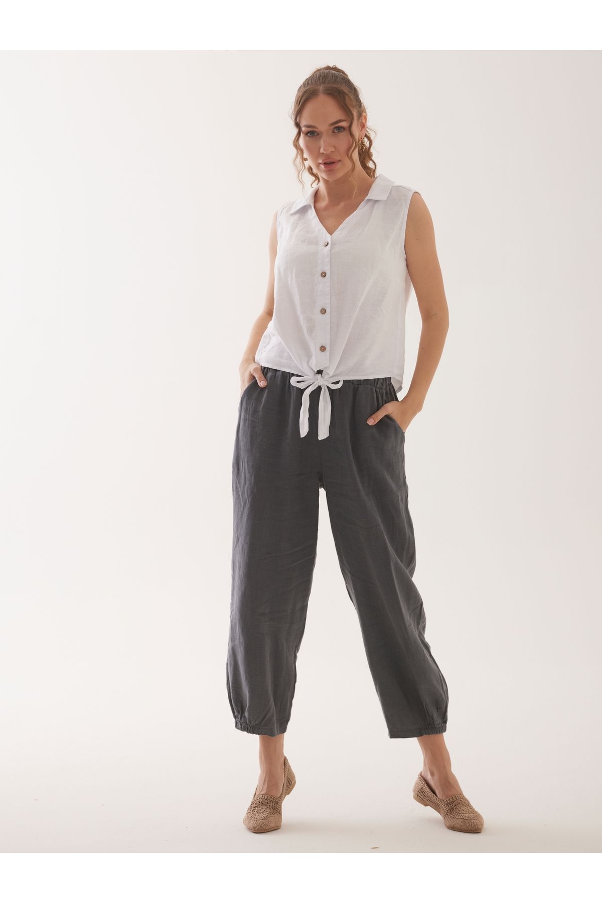 %100 NATURAL Keten Lastik Paçalı Yoga Pantolon - ANTRASİT