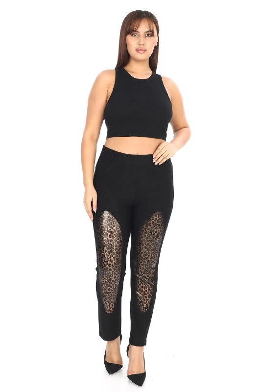 Leopar Detaylı Yüksek Bel Punto Kumaş Likralı Toparlayıcı Pantolon - SİYAH