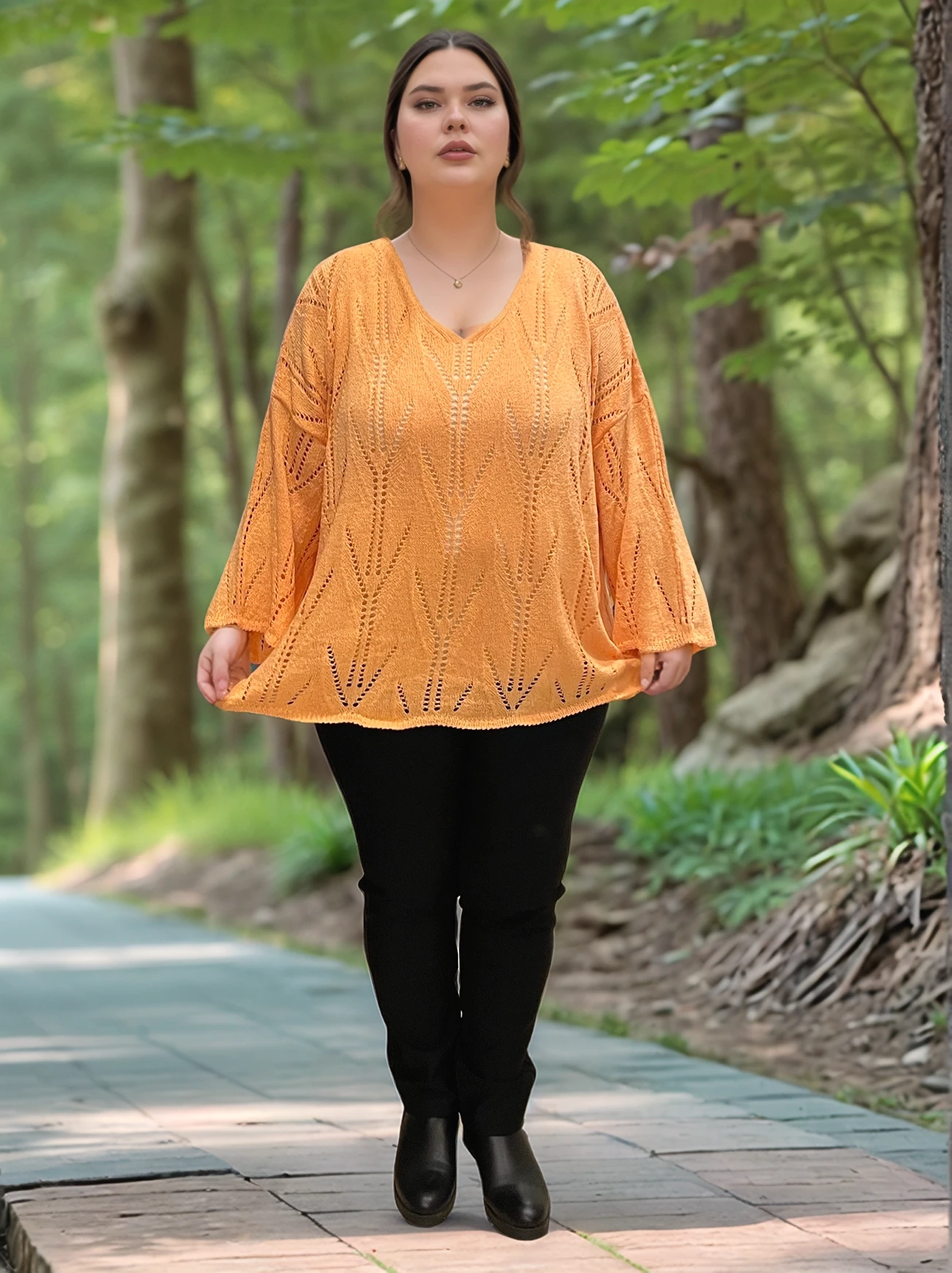 V YAKA AJURLU DESENLİ İTALYAN MERSERİZE BLUZ KAZAK - ORANJ