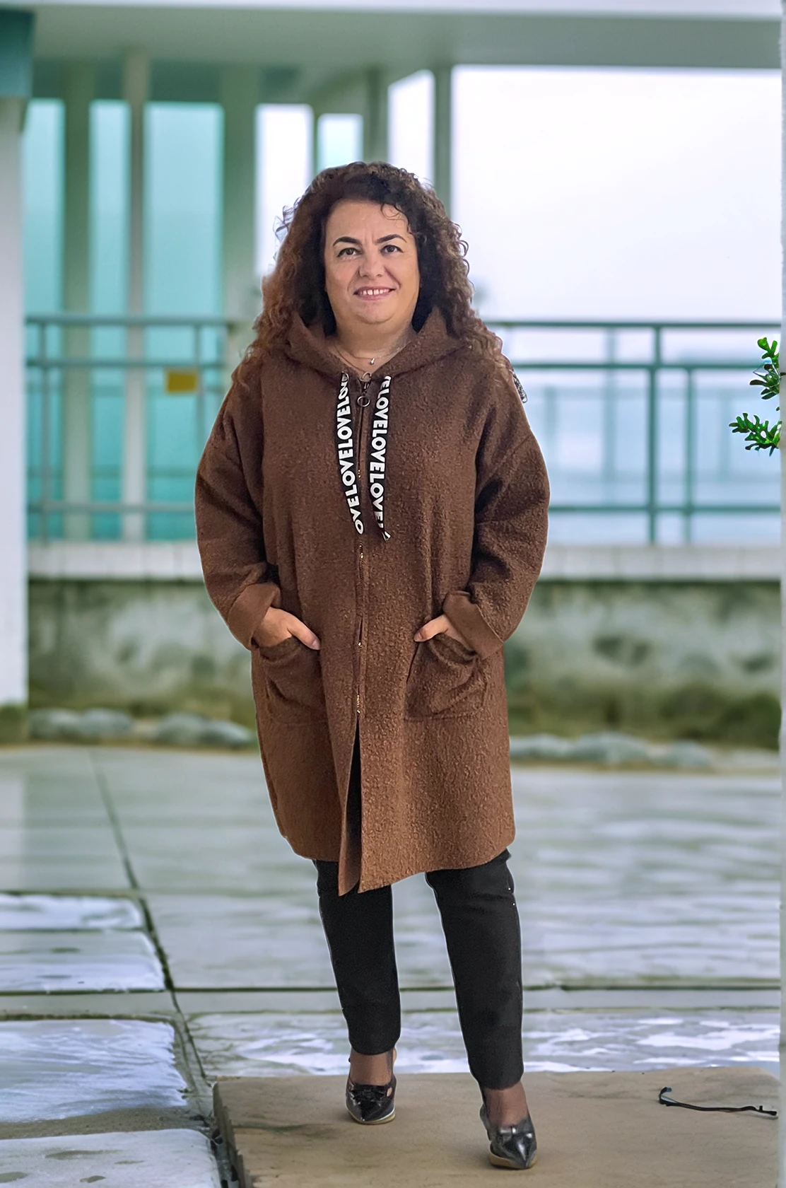 Buklet Kumaş Fermuarlı Kapüşonlu ceket - KAHVE