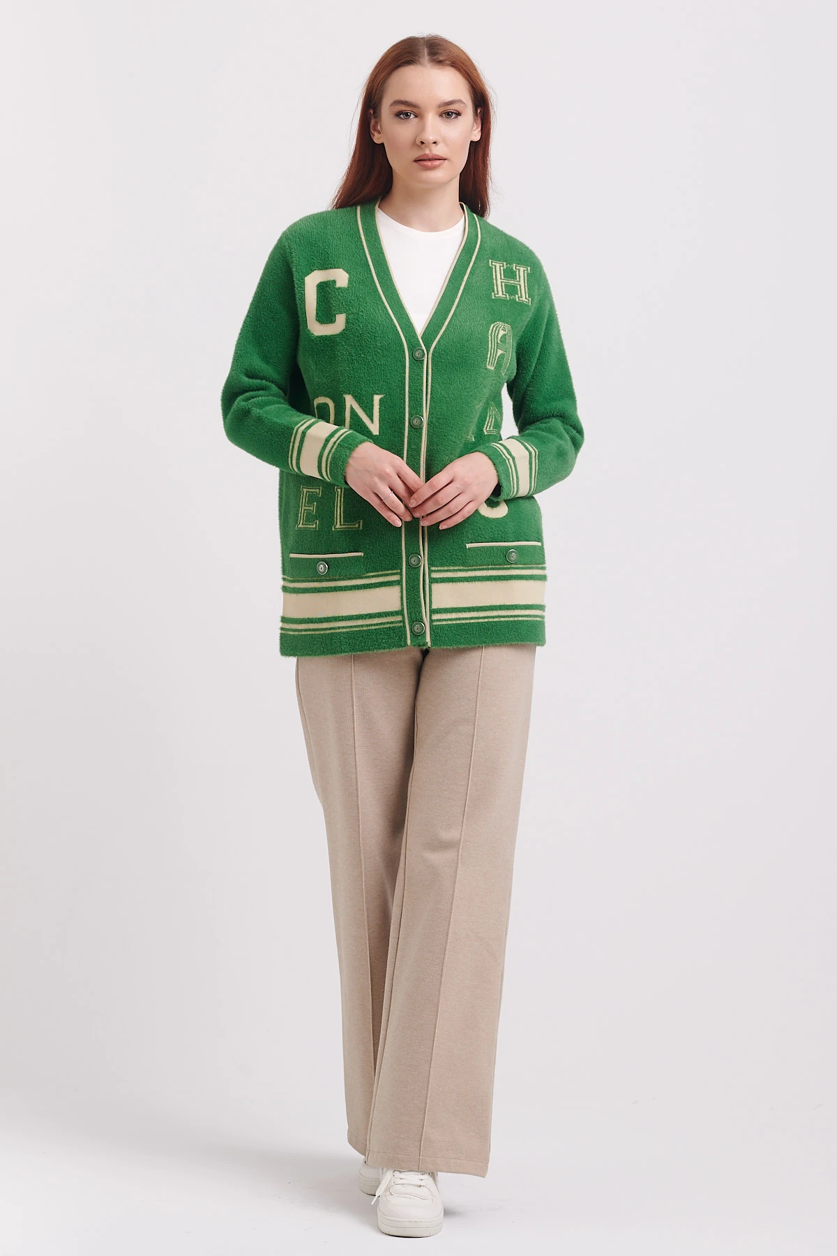 On Desenli Kalın Triko Hırka Yeşil