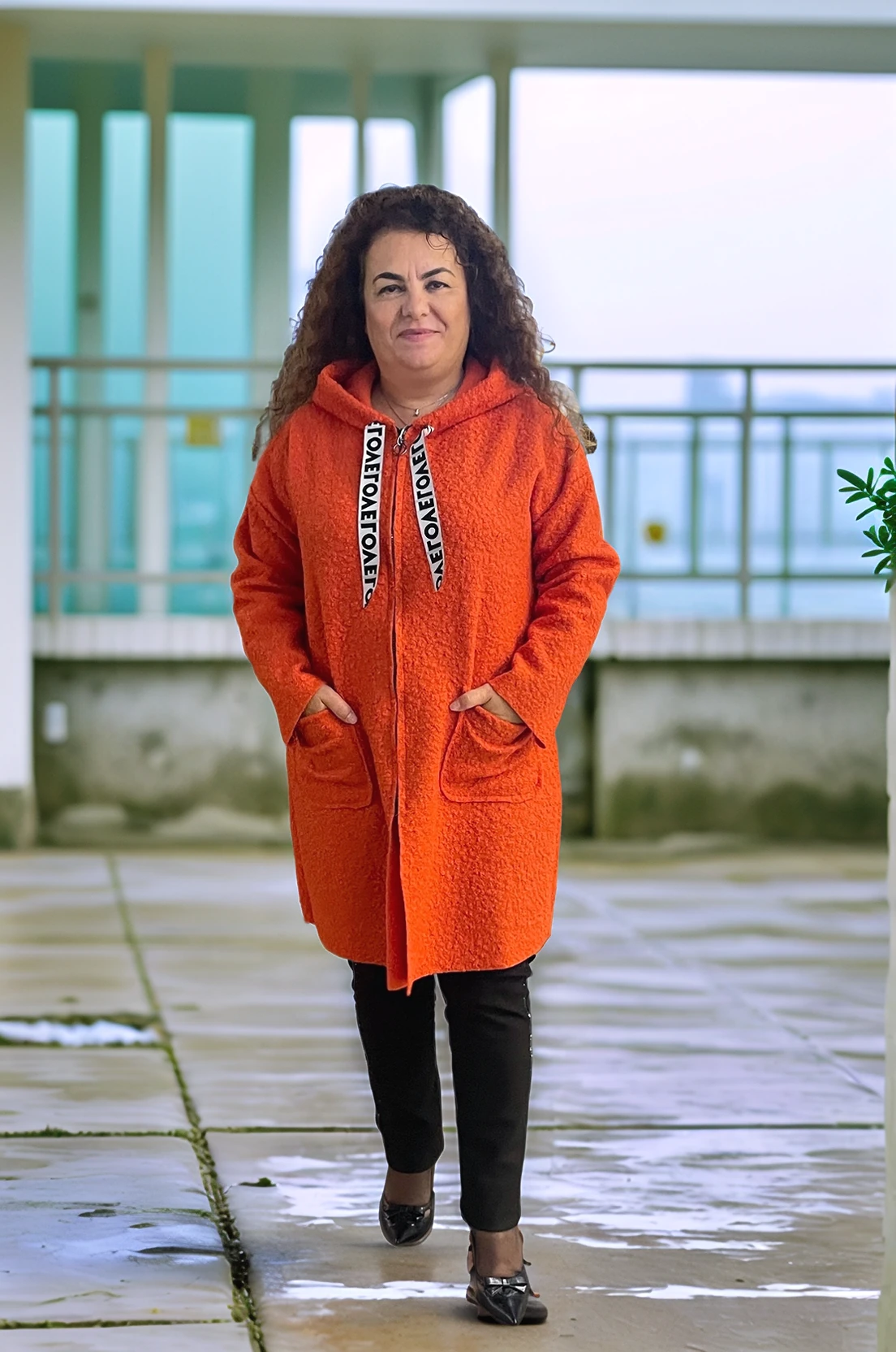 Buklet Kumaş Fermuarlı Kapüşonlu ceket - ORANJ