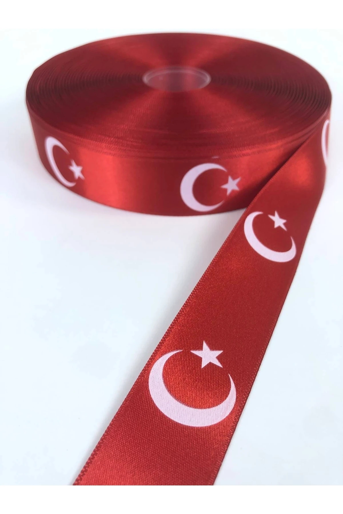 Ay Yıldızlı Kırmızı Saten Kurdele 1 Metre | Hediye ve Süsleme