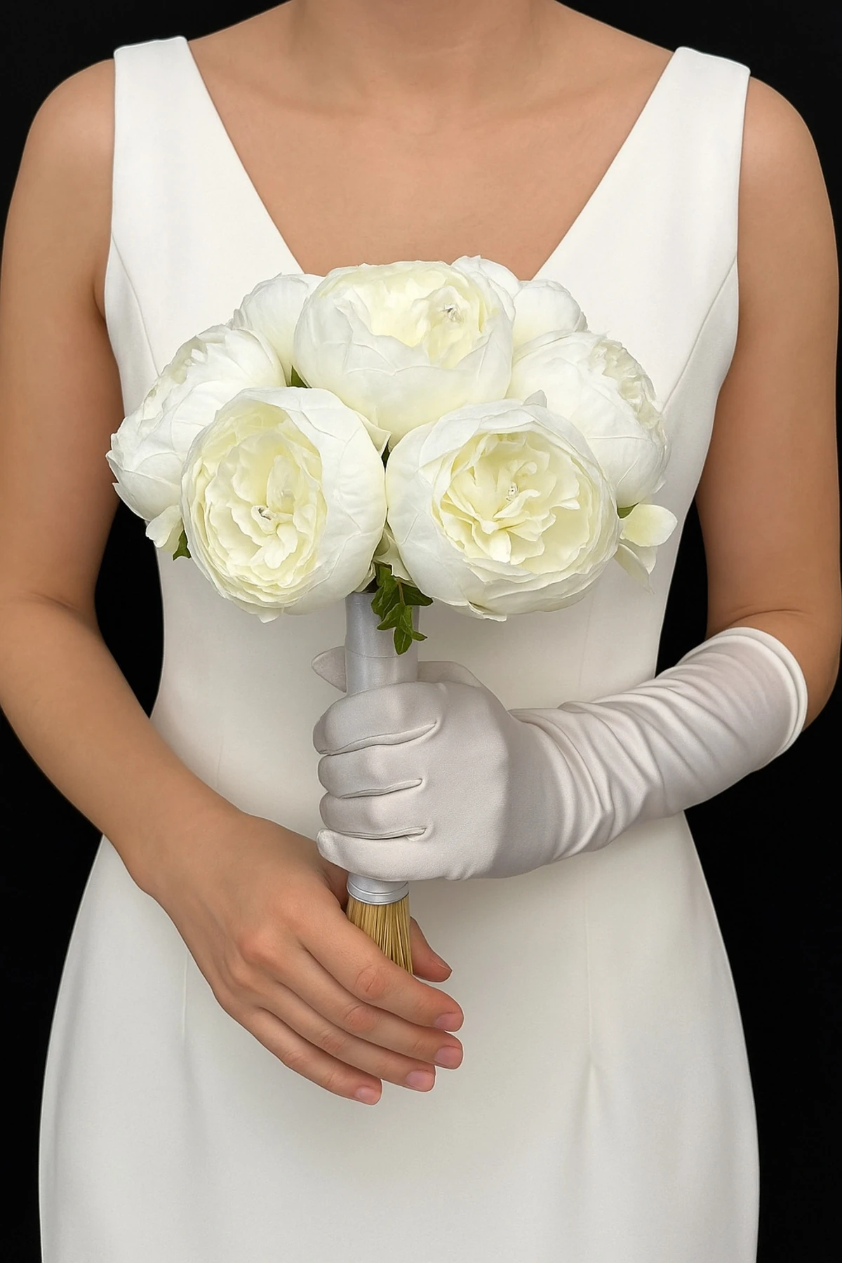 Beyaz Şakayık Gelin Buketi ve Yaka Çiçeği Seti – Yapay Düğün Çiçeği