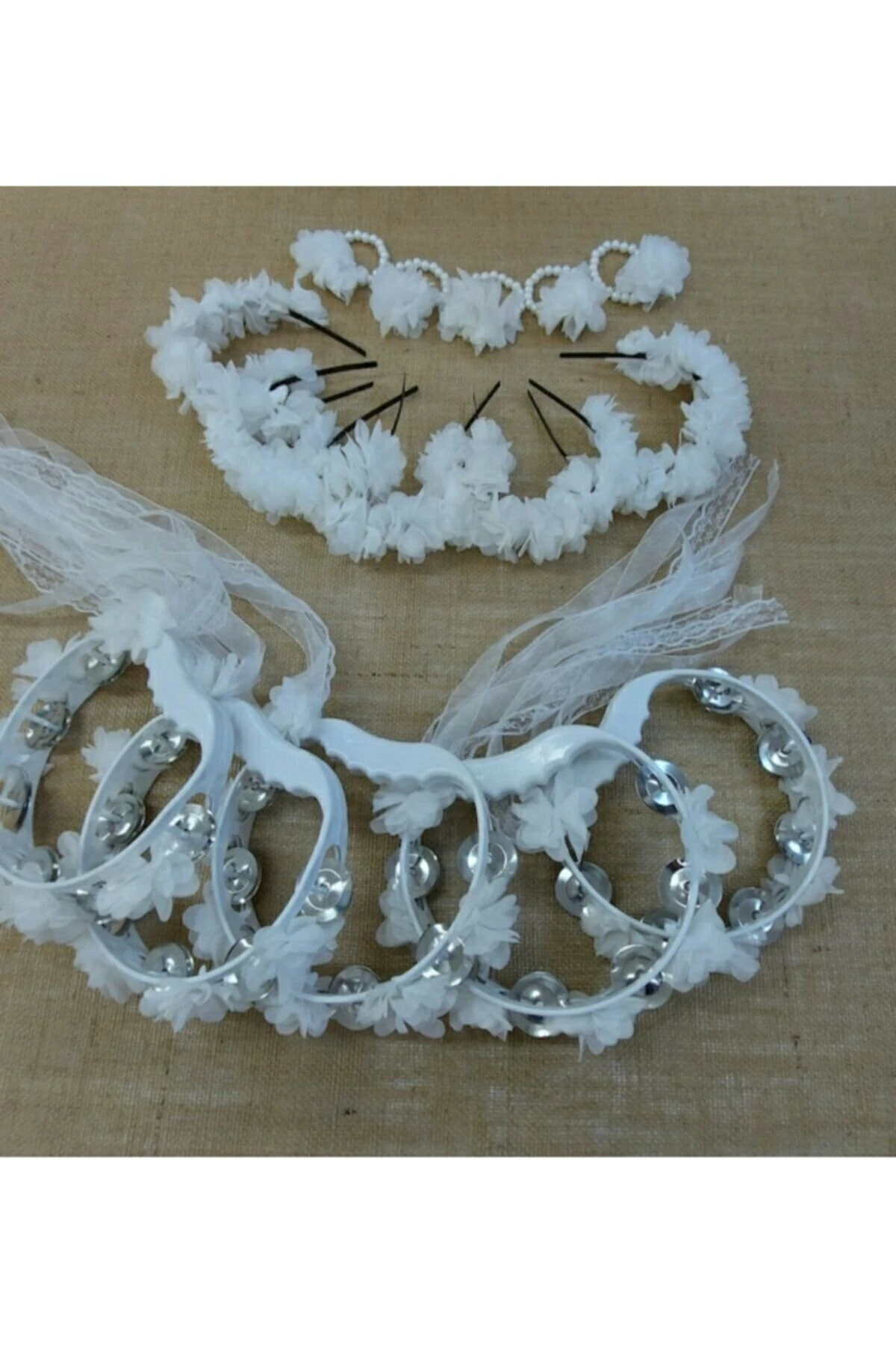 Kına Tacı Süslü Tef Nedime Bilekliği Seti Beyaz Kına Seti Beyaz – Kına Eğlence Aksesuarı – Kına Eğl