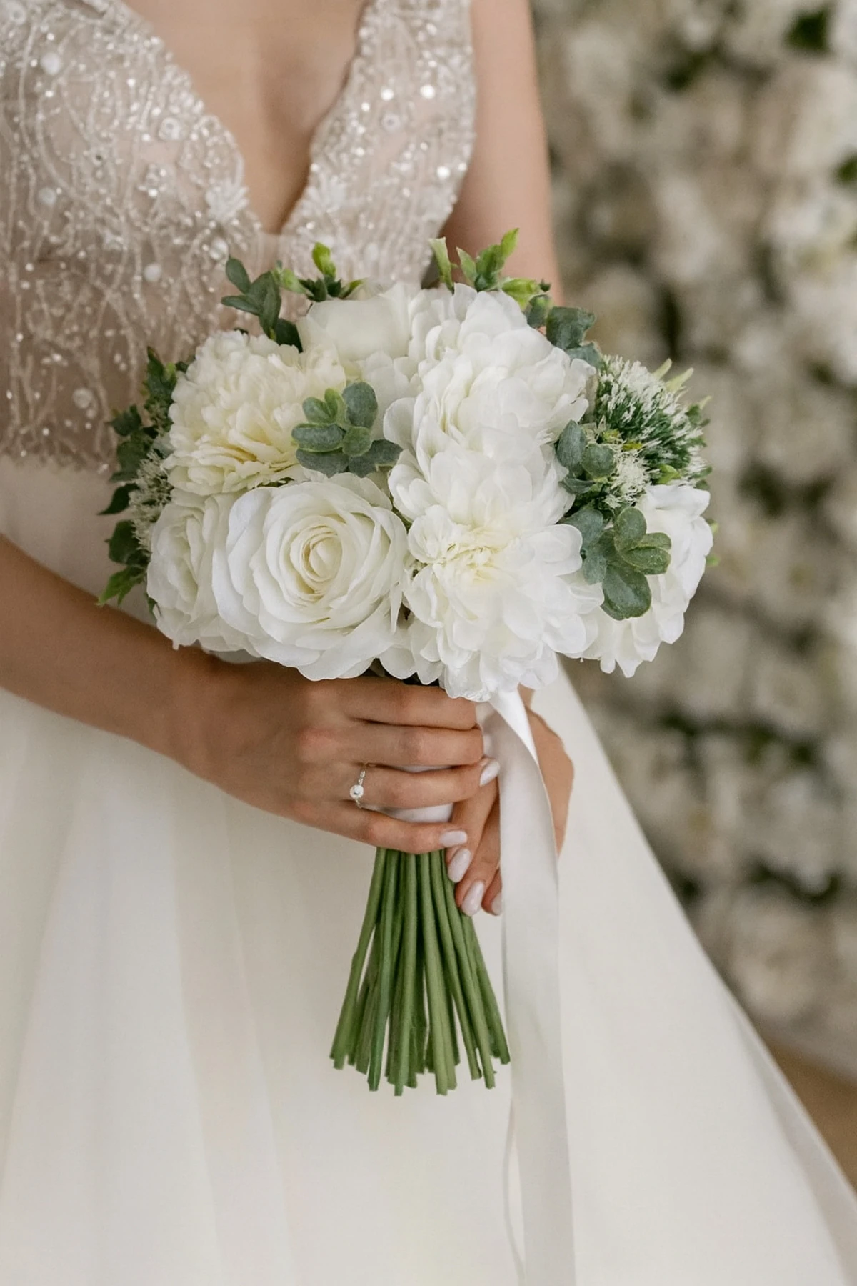 Beyaz Gül ve Şakayık Gelin Buketi – Yeşil Arajmanlı Zarif Tasarım