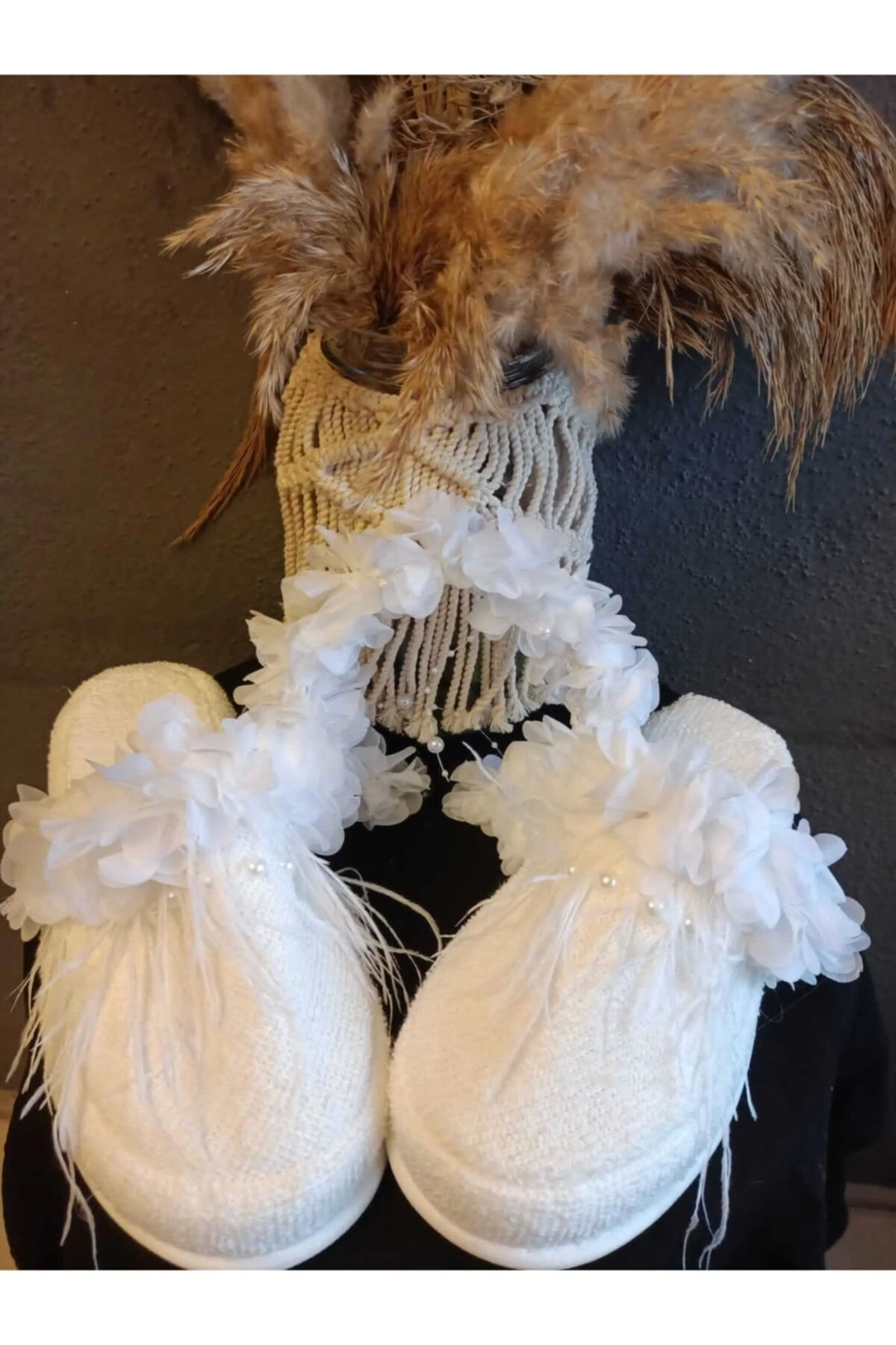 Ms Beyaz Kaz Tüylü Incili Lohusa Taç Terlik Seti – Lohusa Seti – Lohusa Seti – Lohusa Seti