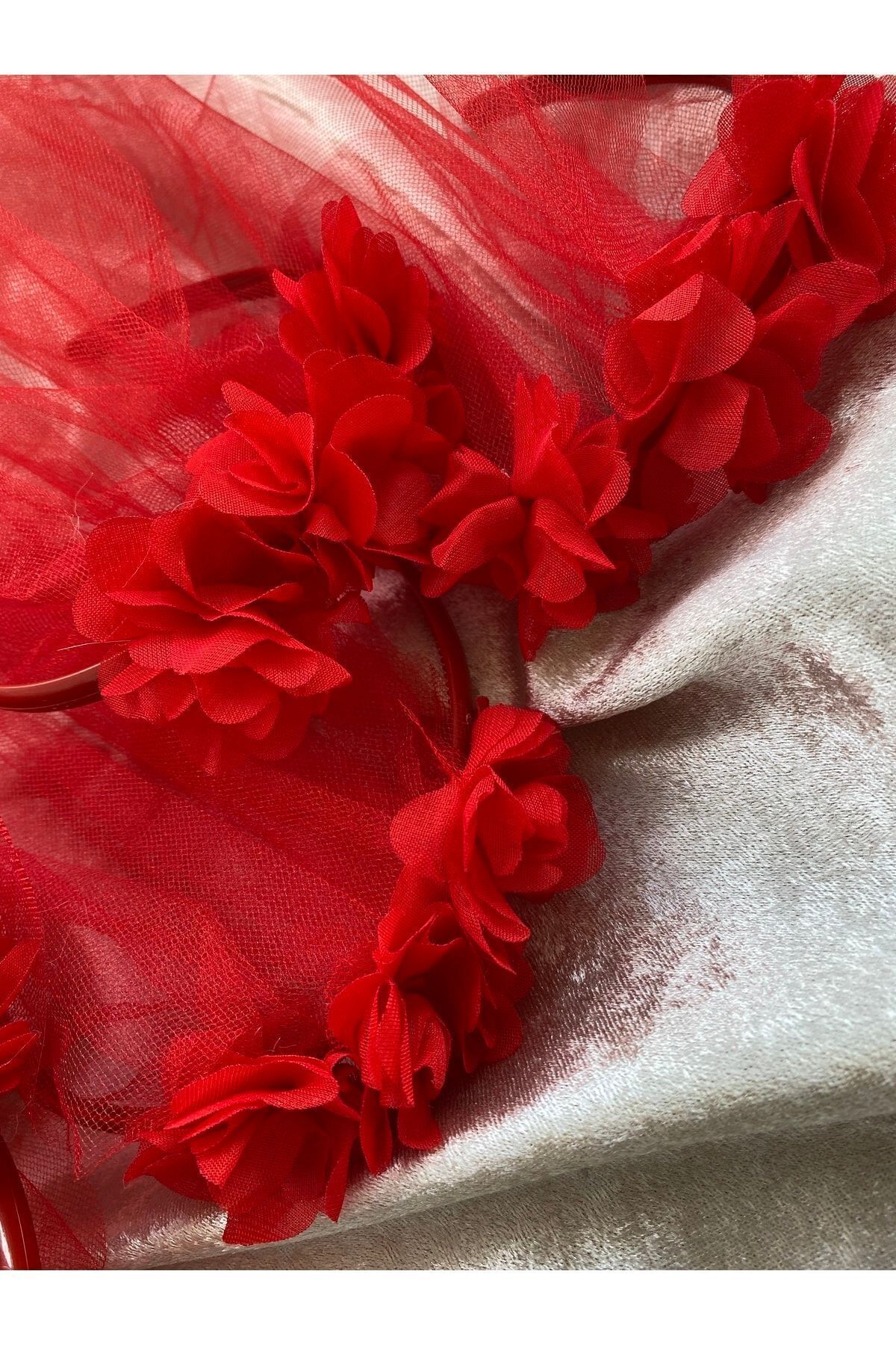 Kına Gecesi Lazer Güllü Tüllü Nedime Tacı Kırmızı 5’li Paket