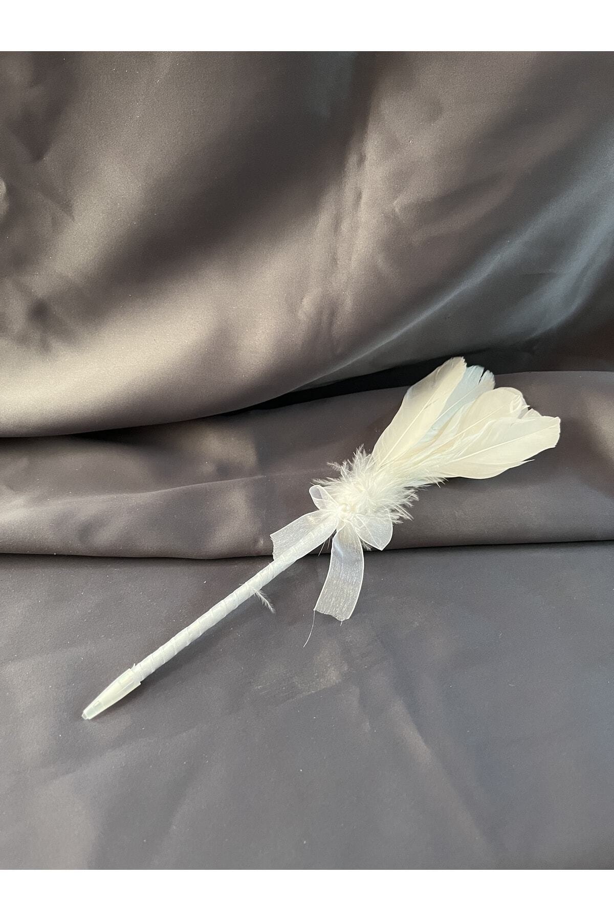 Beyaz Tüylü Nikah Kalemi – Magnet ve Hediyelik Süs Aksesuarı