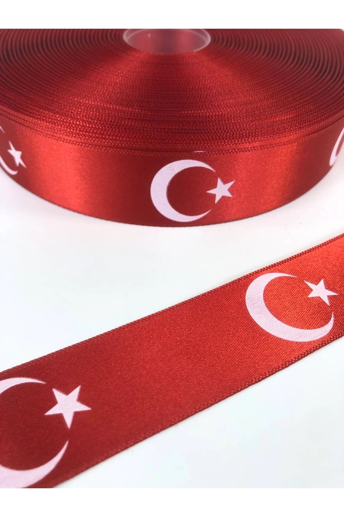 Ay Yıldızlı Kırmızı Saten Kurdele 1 Metre | Hediye ve Süsleme