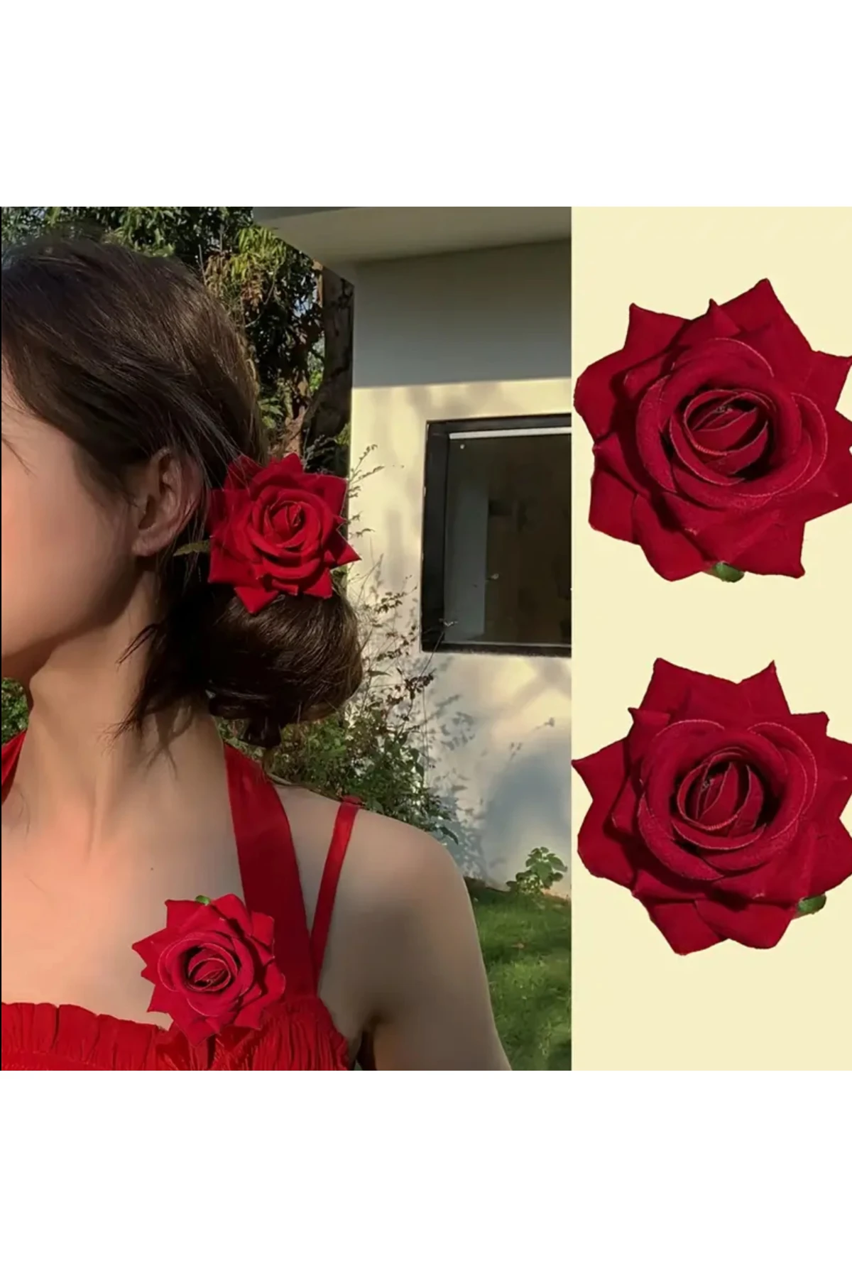 2 Adet Vintage Kırmızı Kadife 3D Gül Broş ve Saç Tokası | Şık Çift Set