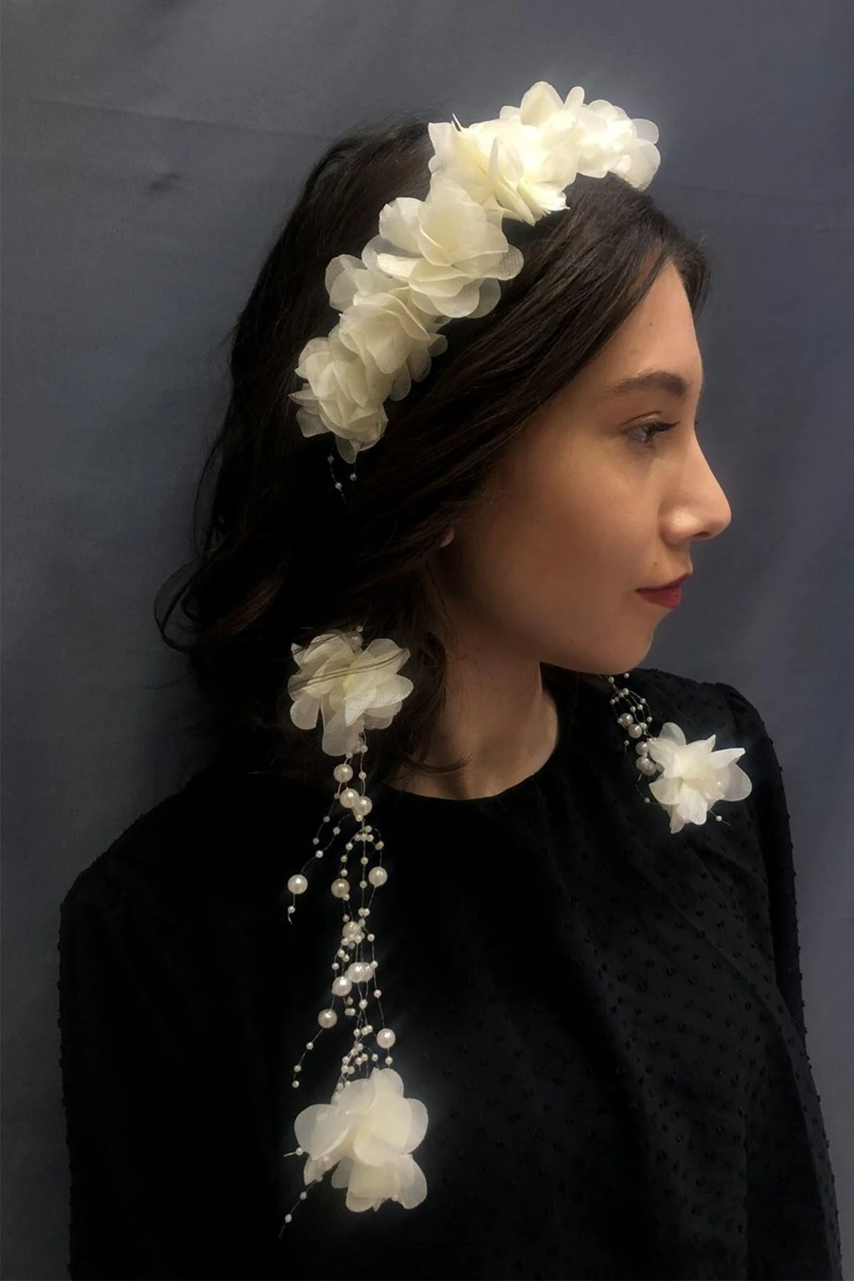 Kadın Kına Eğlence Tacı Krem Tüllü Lazer Çiçekli Taç – Taç – Taç – Taç