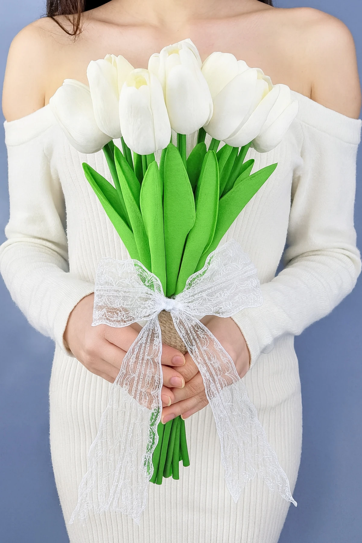 Beyaz Lale Gelin Buketi Dantel Kurdeleli Dekoratif Yapay Çiçek